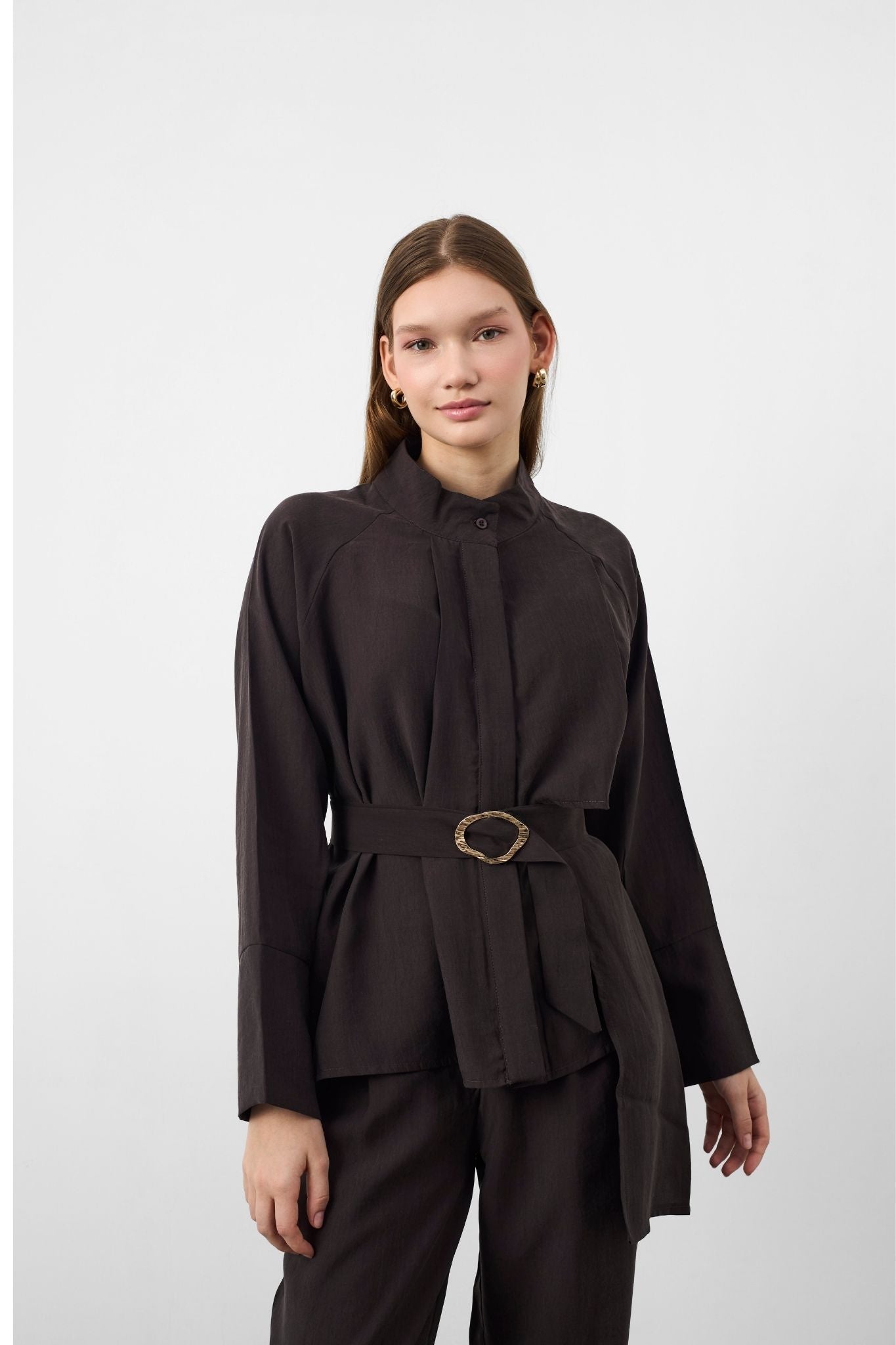 Kahve Kadın Premium Tencel Dokulu Gold Tokalı Kemerli Modern Kesim Takım