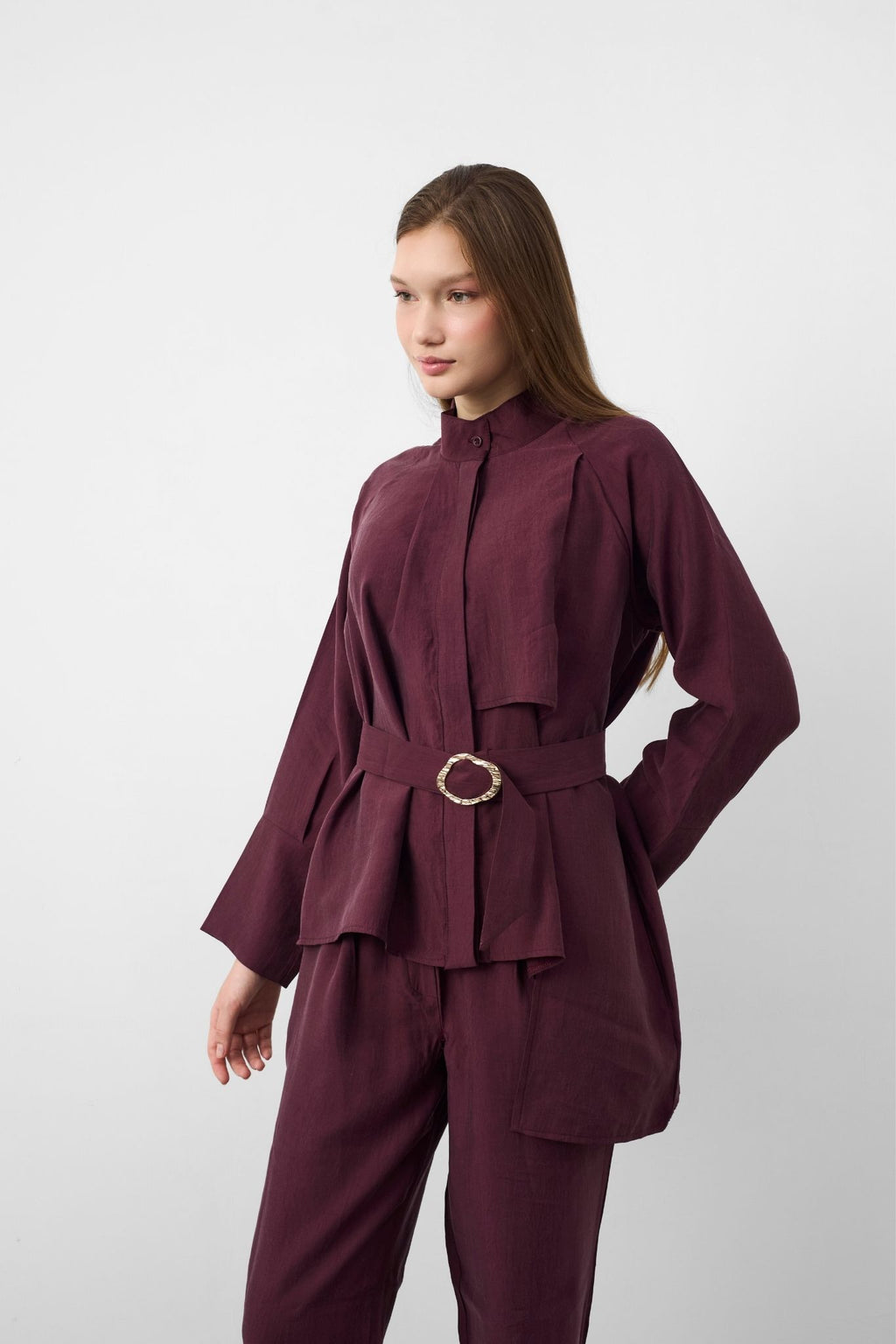 Mürdüm Kadın Premium Tencel Dokulu Gold Tokalı Kemerli Modern Kesim Takım