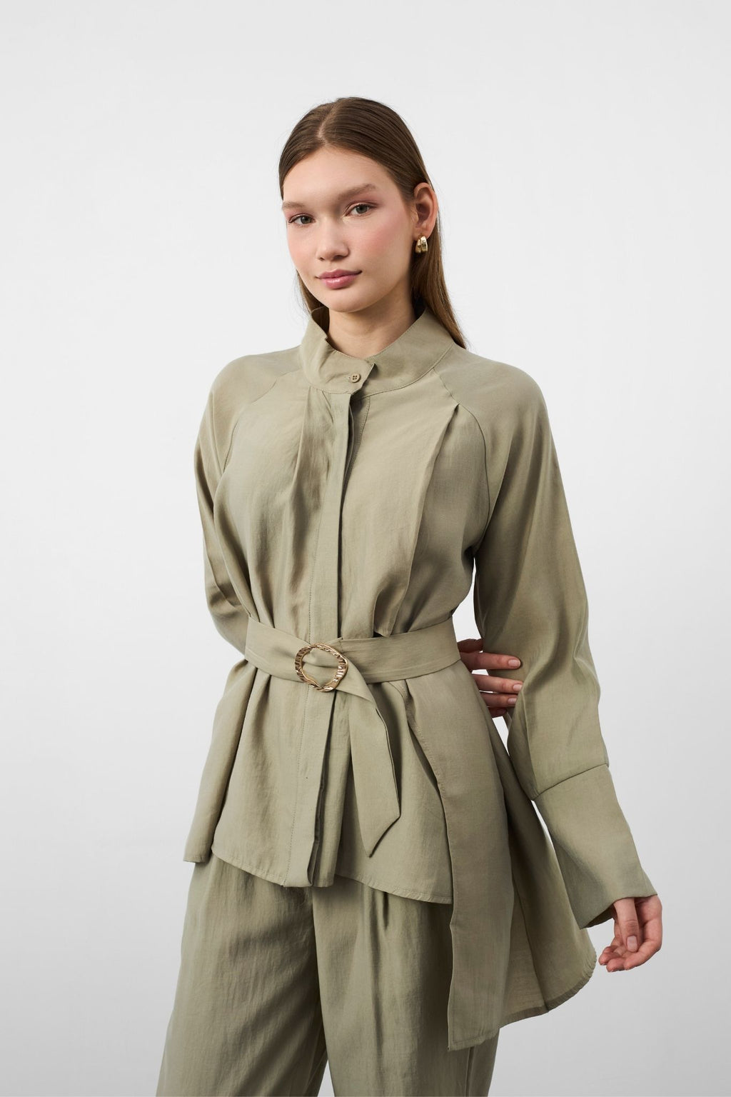 Açık Haki Kadın Premium Tencel Dokulu Gold Tokalı Kemerli Modern Kesim Takım