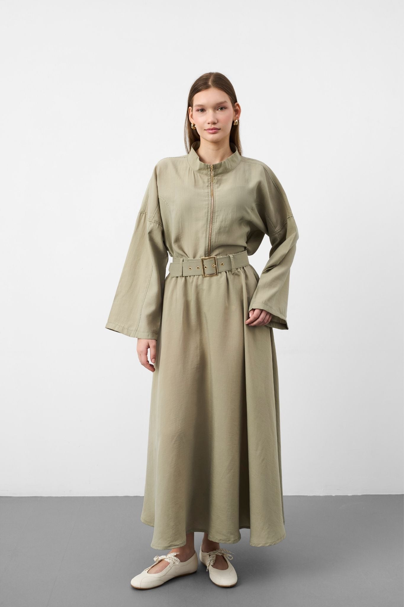 Açık Haki Kadın Premium Tencel Kumaş Etek Kemer Detaylı Akışkan Dokulu Ceket Etek Takım
