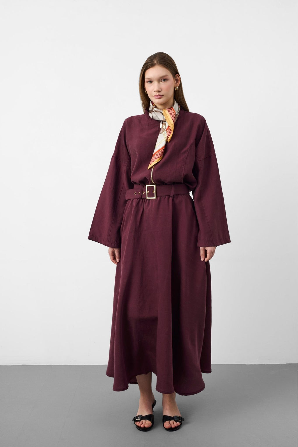 Mürdüm Kadın Premium Tencel Kumaş Etek Kemer Detaylı Akışkan Dokulu Ceket Etek Takım