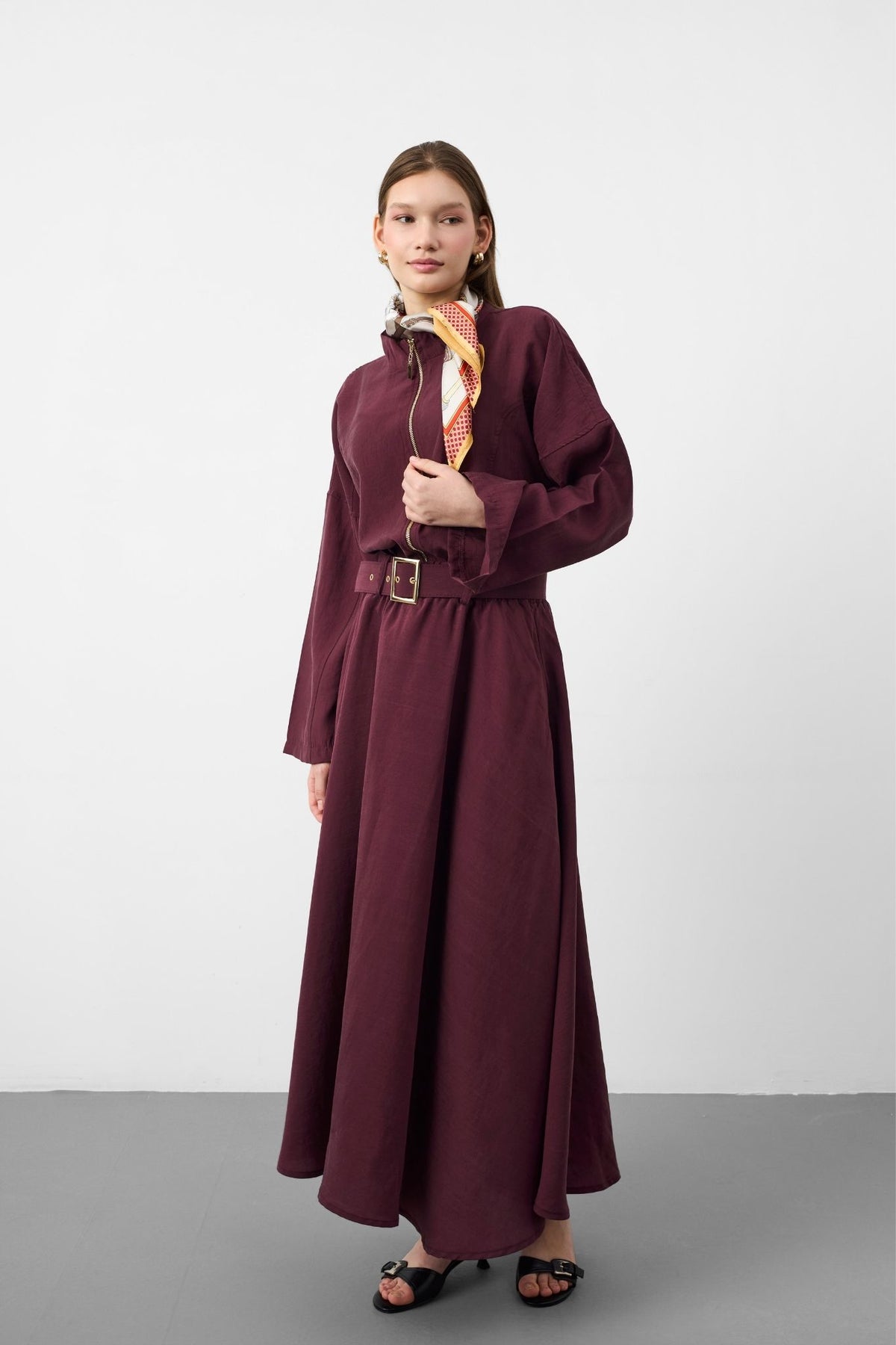 Mürdüm Kadın Premium Tencel Kumaş Etek Kemer Detaylı Akışkan Dokulu Ceket Etek Takım