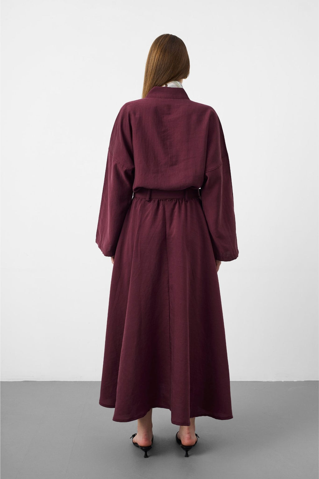 Mürdüm Kadın Premium Tencel Kumaş Etek Kemer Detaylı Akışkan Dokulu Ceket Etek Takım