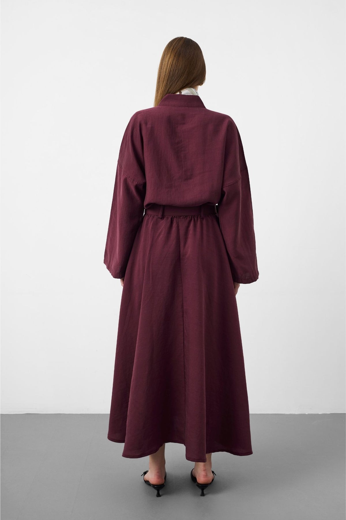 Mürdüm Kadın Premium Tencel Kumaş Etek Kemer Detaylı Akışkan Dokulu Ceket Etek Takım