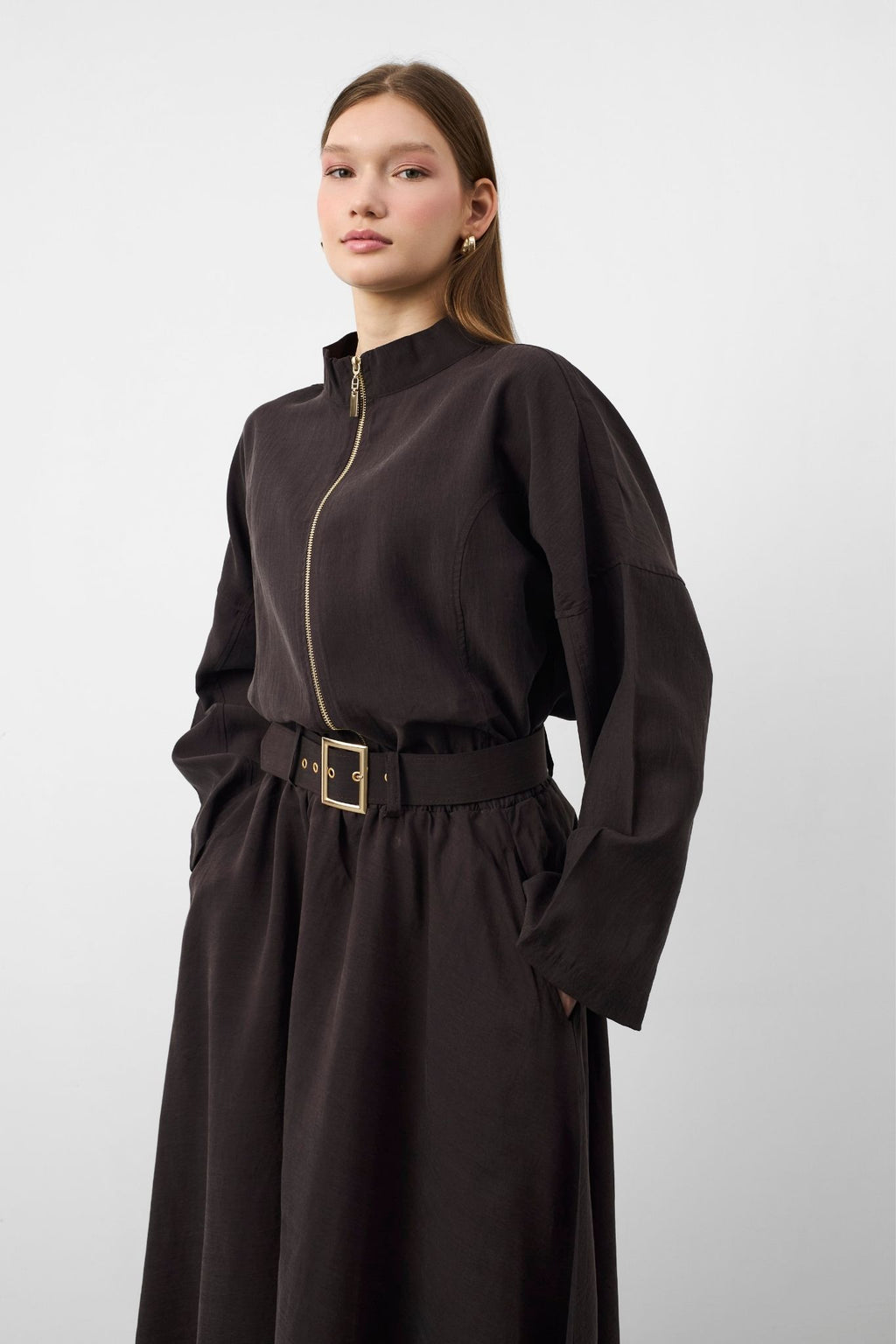 Kahve Kadın Premium Tencel Kumaş Etek Kemer Detaylı Akışkan Dokulu Ceket Etek Takım