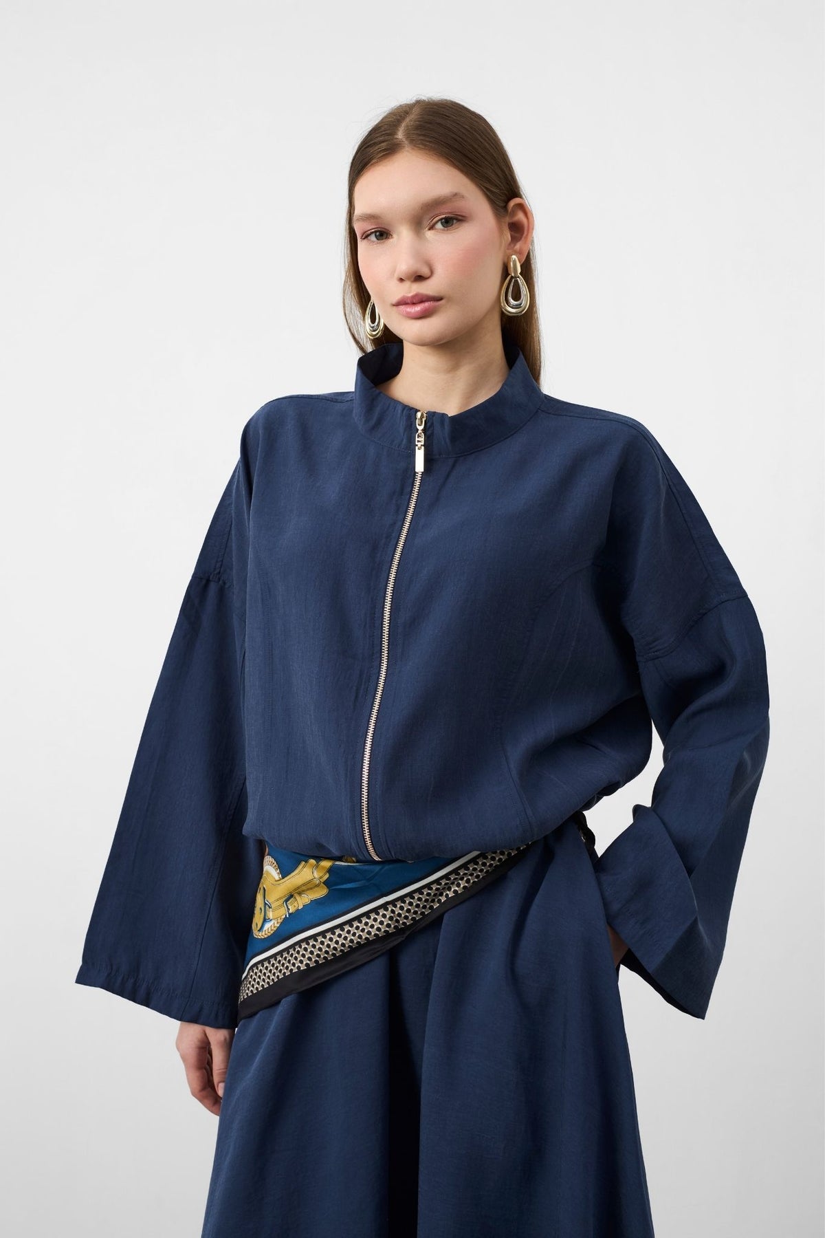 Lacivert Kadın Premium Tencel Kumaş Etek Kemer Detaylı Akışkan Dokulu Ceket Etek Takım