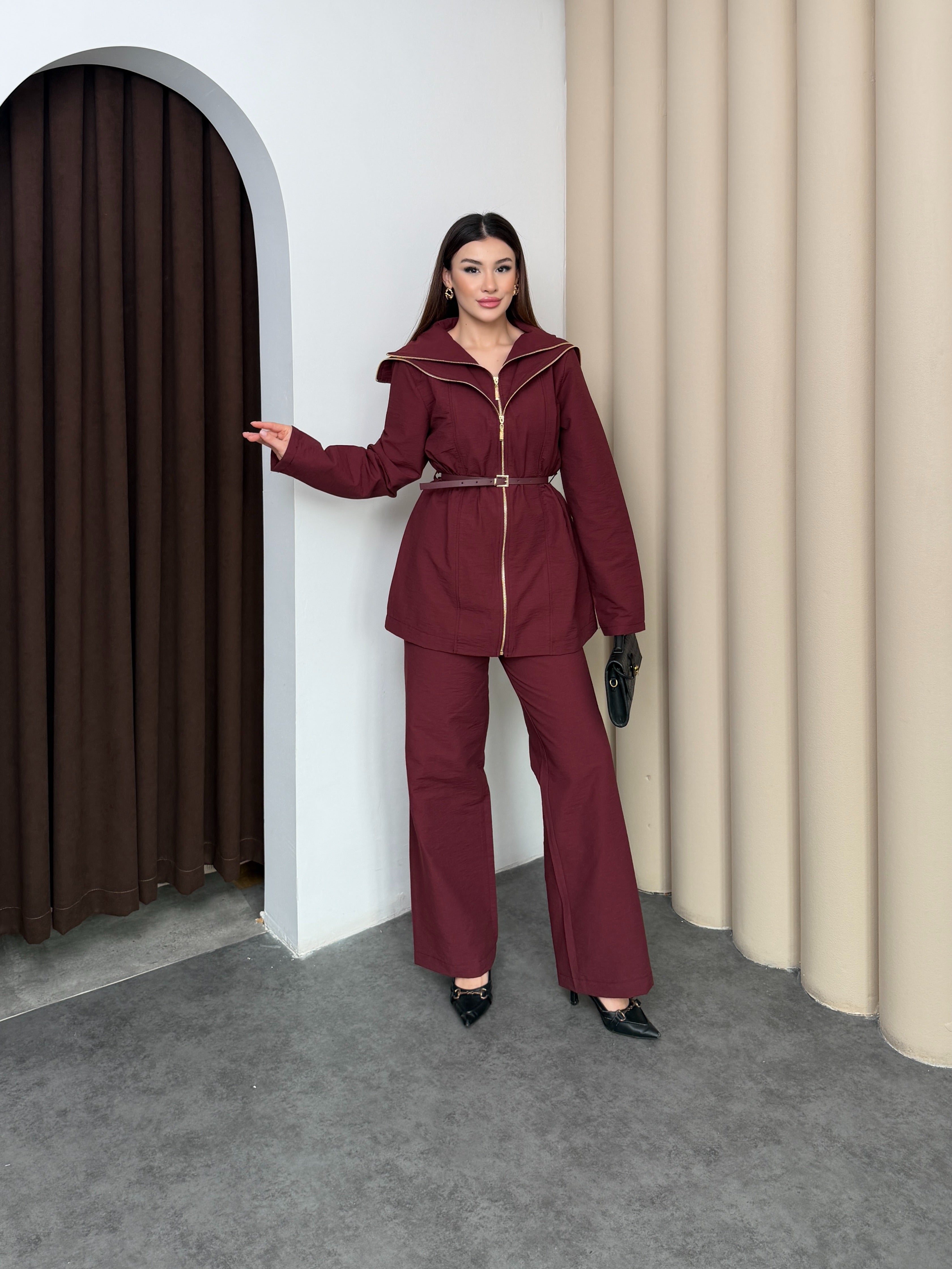 Mürdüm Kadın Akışkan Katman Fermuar Detaylı Belden Kemerli Premium Takım