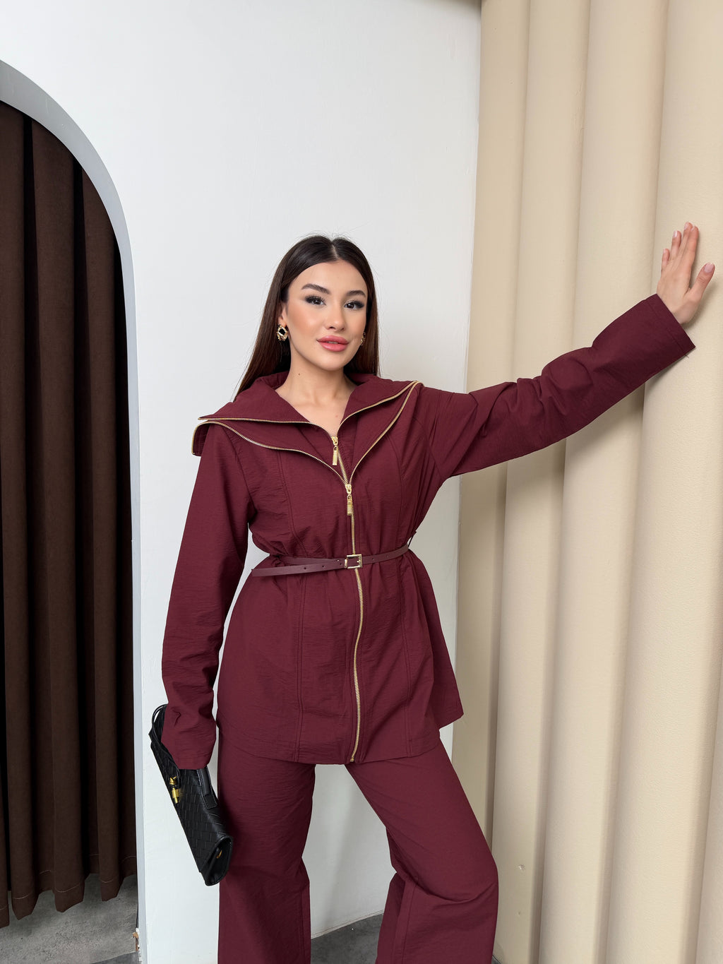 Mürdüm Kadın Akışkan Katman Fermuar Detaylı Belden Kemerli Premium Takım
