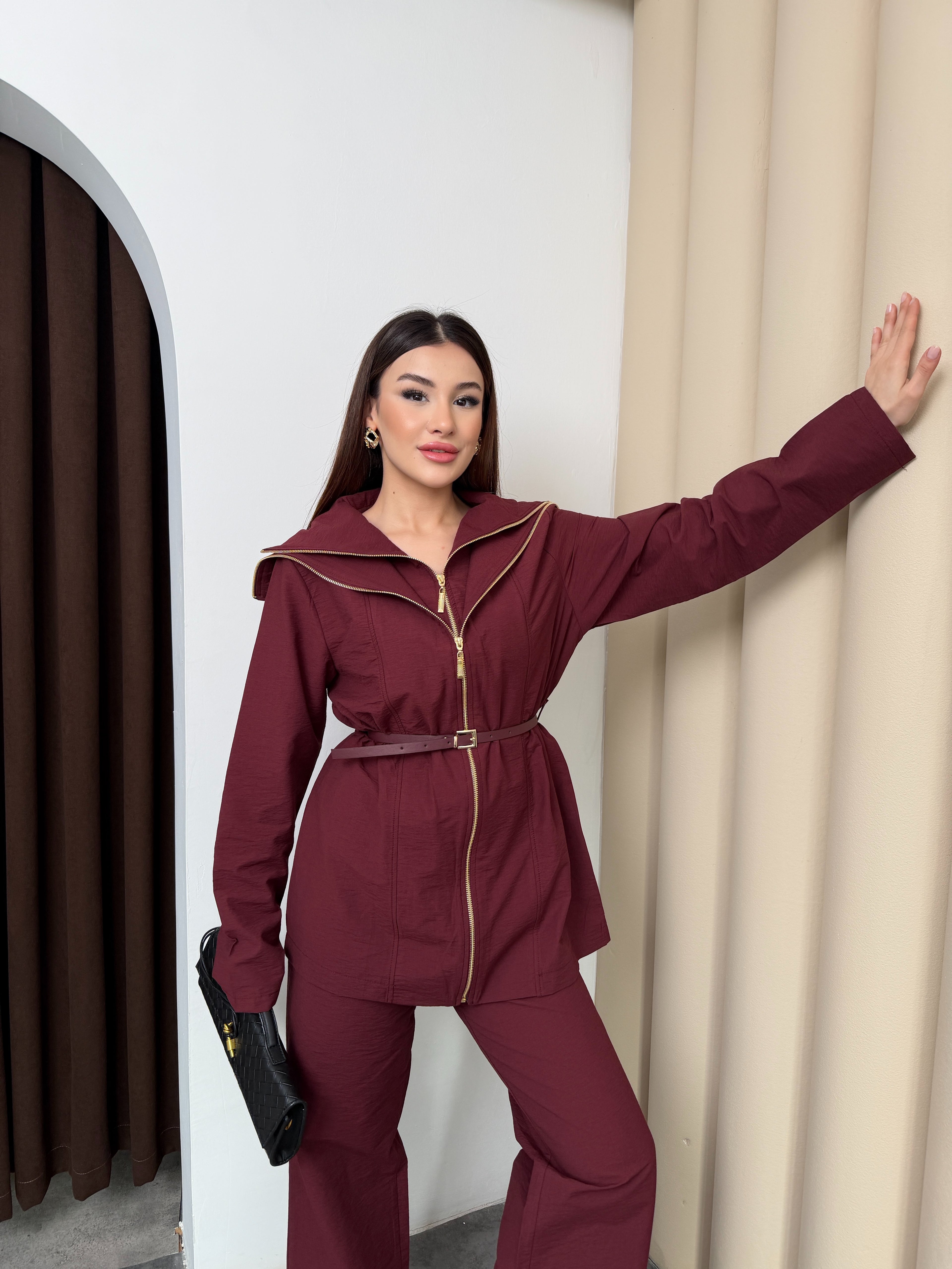 Mürdüm Kadın Akışkan Katman Fermuar Detaylı Belden Kemerli Premium Takım