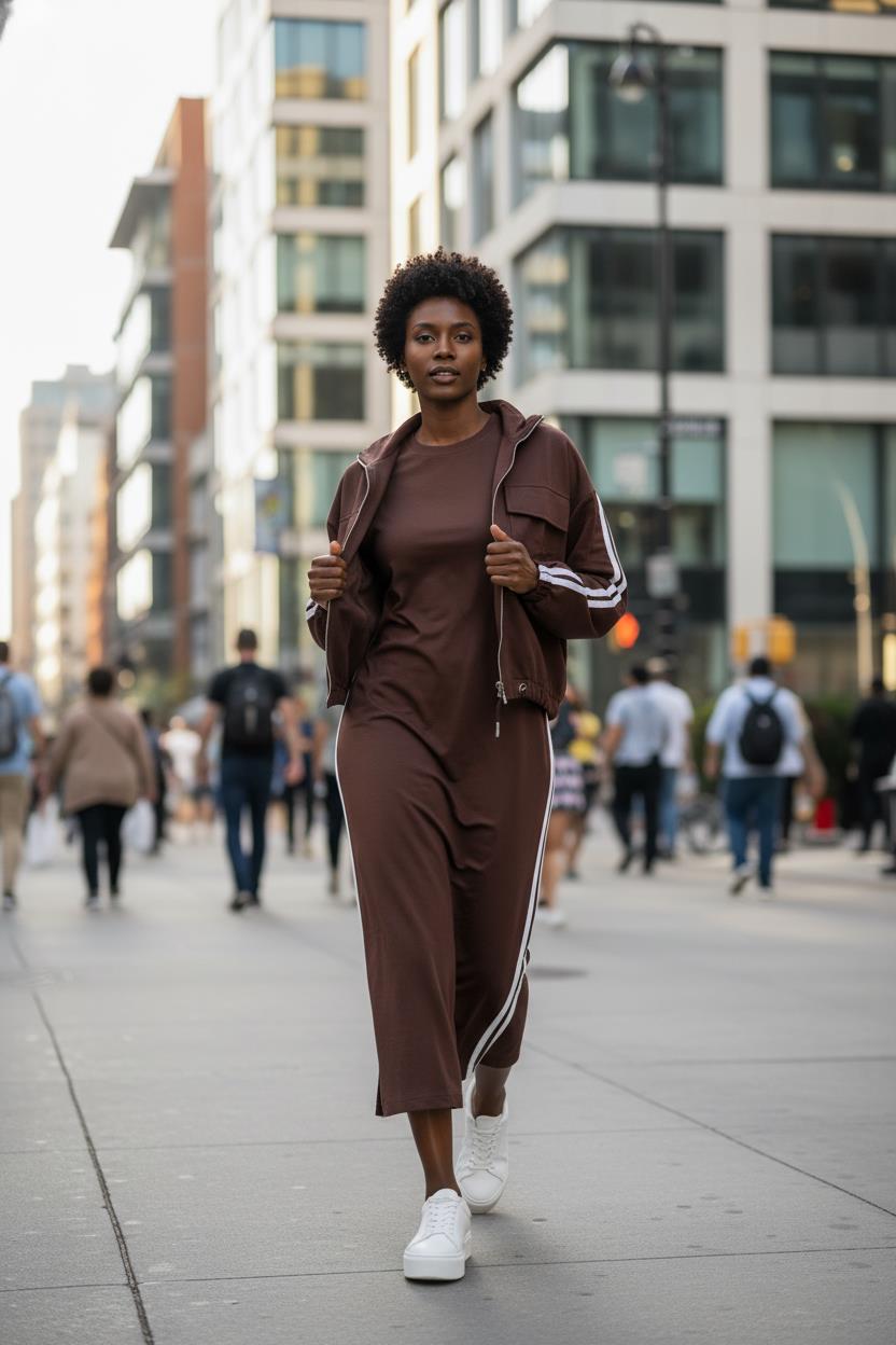 Acı Kahve Kadın Oversize Kalıp Etek Ucu Yırtmaç Detaylı Elbise Ve Fermuar Kapamalı Cepli Lastikli Sweat Pamuklu Örme Takım