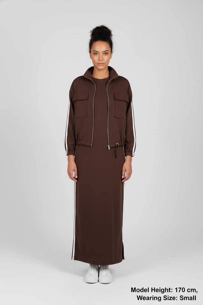 Acı Kahve Kadın Oversize Kalıp Etek Ucu Yırtmaç Detaylı Elbise Ve Fermuar Kapamalı Cepli Lastikli Sweat Pamuklu Örme Takım