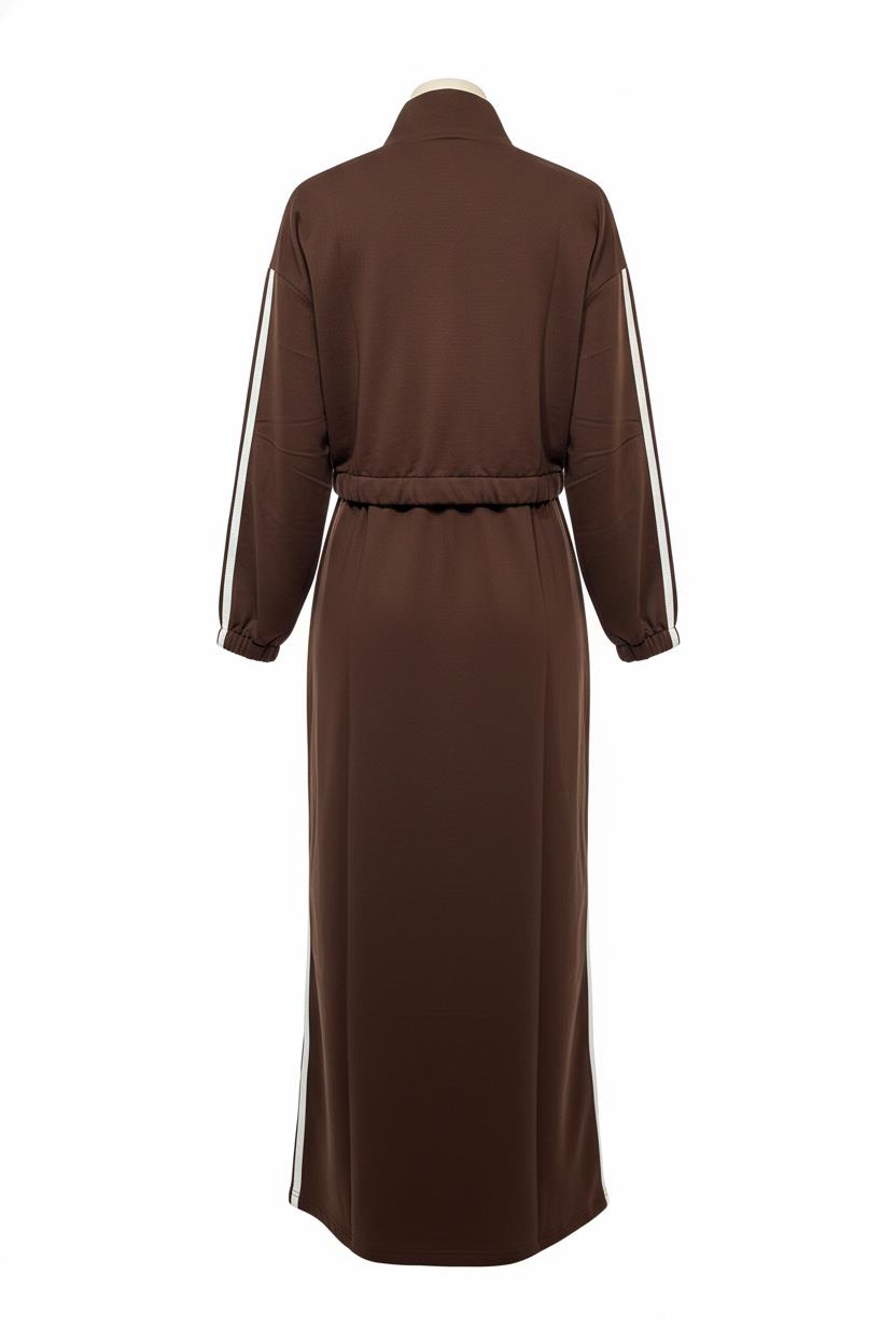 Acı Kahve Kadın Oversize Kalıp Etek Ucu Yırtmaç Detaylı Elbise Ve Fermuar Kapamalı Cepli Lastikli Sweat Pamuklu Örme Takım