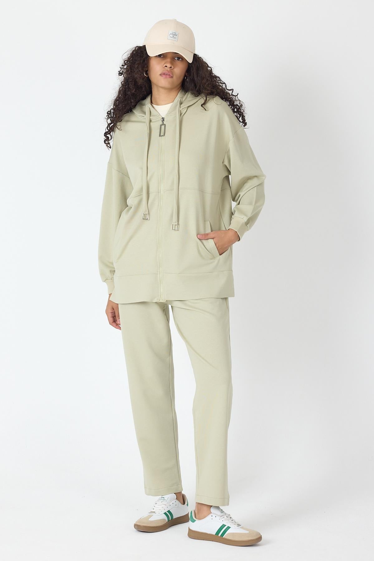 Açık Haki Kadın Fermuar Kapamalı Kapüşonlu Sweatshirt Ve  Bol Paça Pantolon Pamuklu Örme Alt Üst Takım