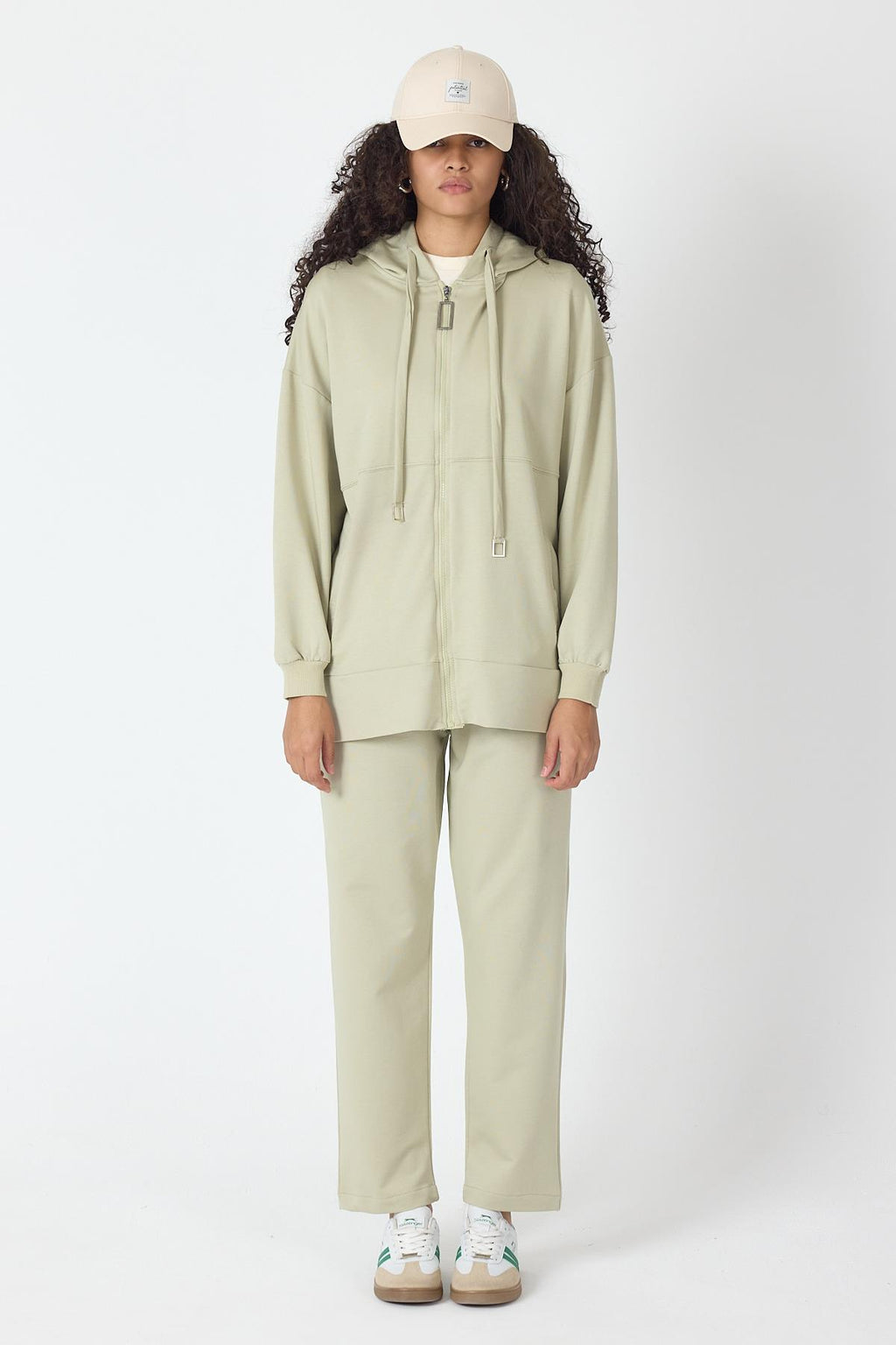Açık Haki Kadın Fermuar Kapamalı Kapüşonlu Sweatshirt Ve  Bol Paça Pantolon Pamuklu Örme Alt Üst Takım
