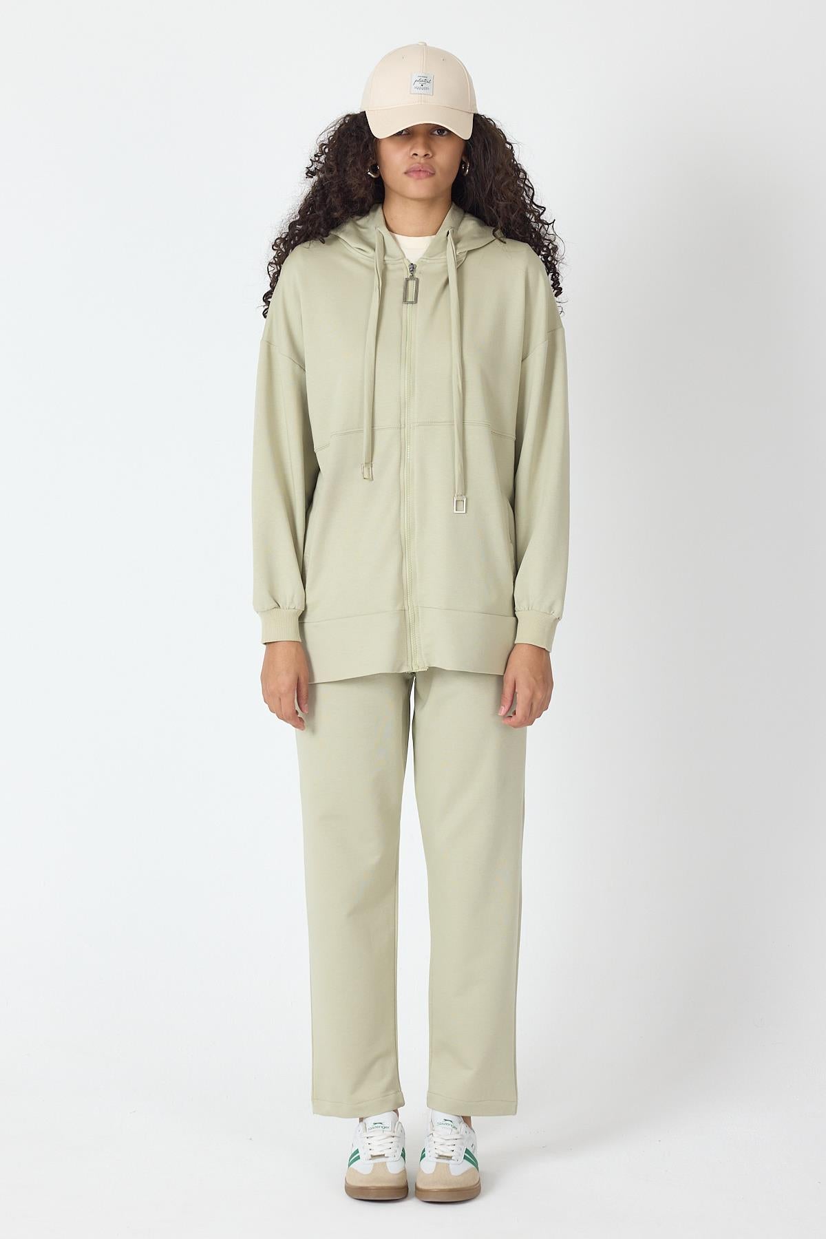 Açık Haki Kadın Fermuar Kapamalı Kapüşonlu Sweatshirt Ve  Bol Paça Pantolon Pamuklu Örme Alt Üst Takım