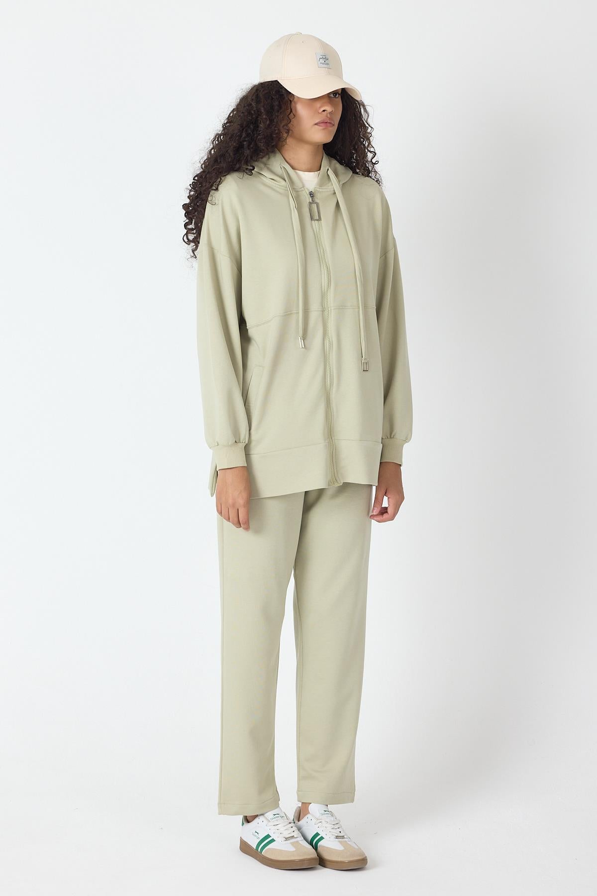 Açık Haki Kadın Fermuar Kapamalı Kapüşonlu Sweatshirt Ve  Bol Paça Pantolon Pamuklu Örme Alt Üst Takım