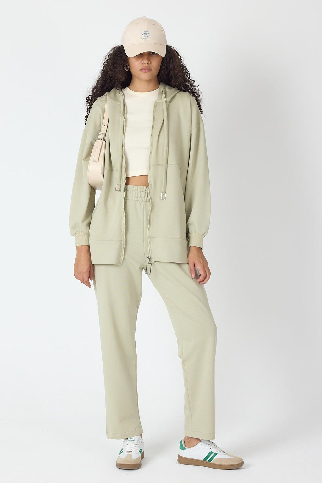 Açık Haki Kadın Fermuar Kapamalı Kapüşonlu Sweatshirt Ve  Bol Paça Pantolon Pamuklu Örme Alt Üst Takım