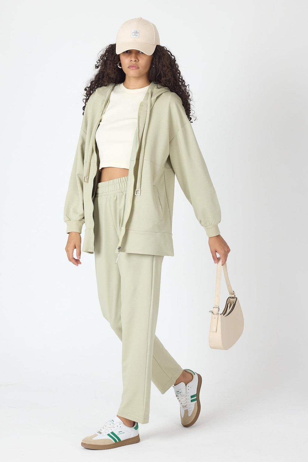 Açık Haki Kadın Fermuar Kapamalı Kapüşonlu Sweatshirt Ve  Bol Paça Pantolon Pamuklu Örme Alt Üst Takım