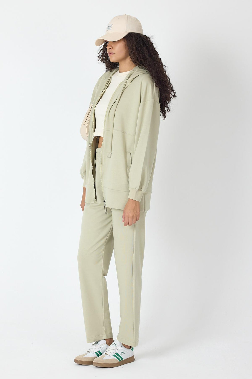 Açık Haki Kadın Fermuar Kapamalı Kapüşonlu Sweatshirt Ve  Bol Paça Pantolon Pamuklu Örme Alt Üst Takım