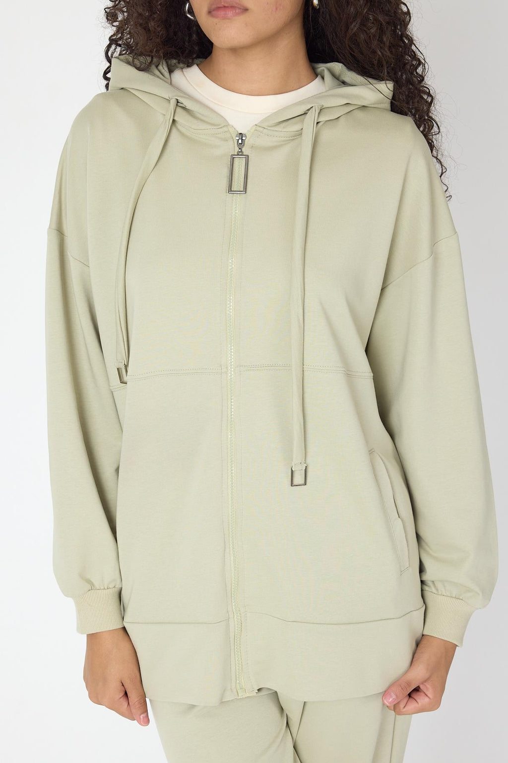 Açık Haki Kadın Fermuar Kapamalı Kapüşonlu Sweatshirt Ve  Bol Paça Pantolon Pamuklu Örme Alt Üst Takım