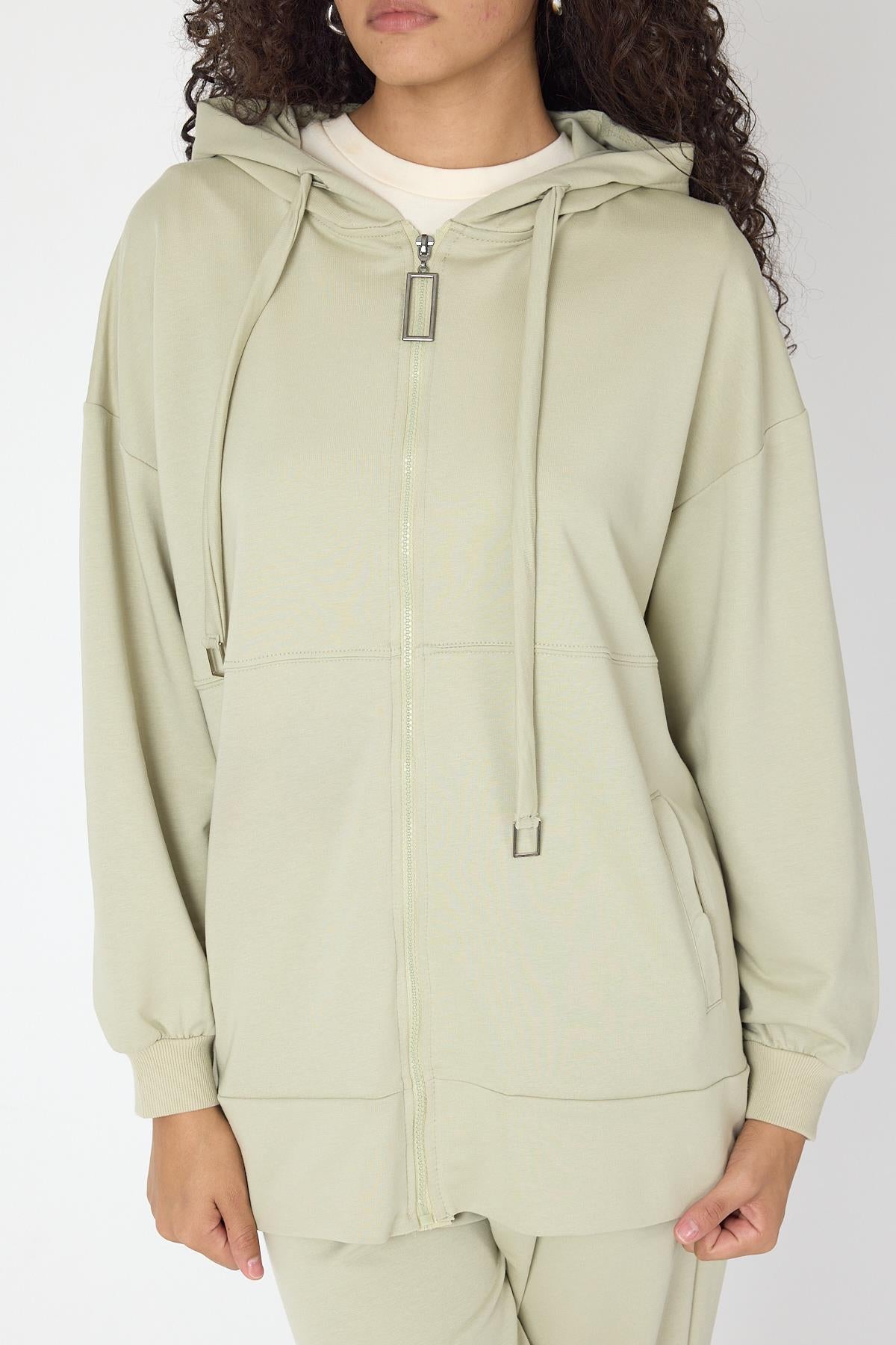 Açık Haki Kadın Fermuar Kapamalı Kapüşonlu Sweatshirt Ve  Bol Paça Pantolon Pamuklu Örme Alt Üst Takım