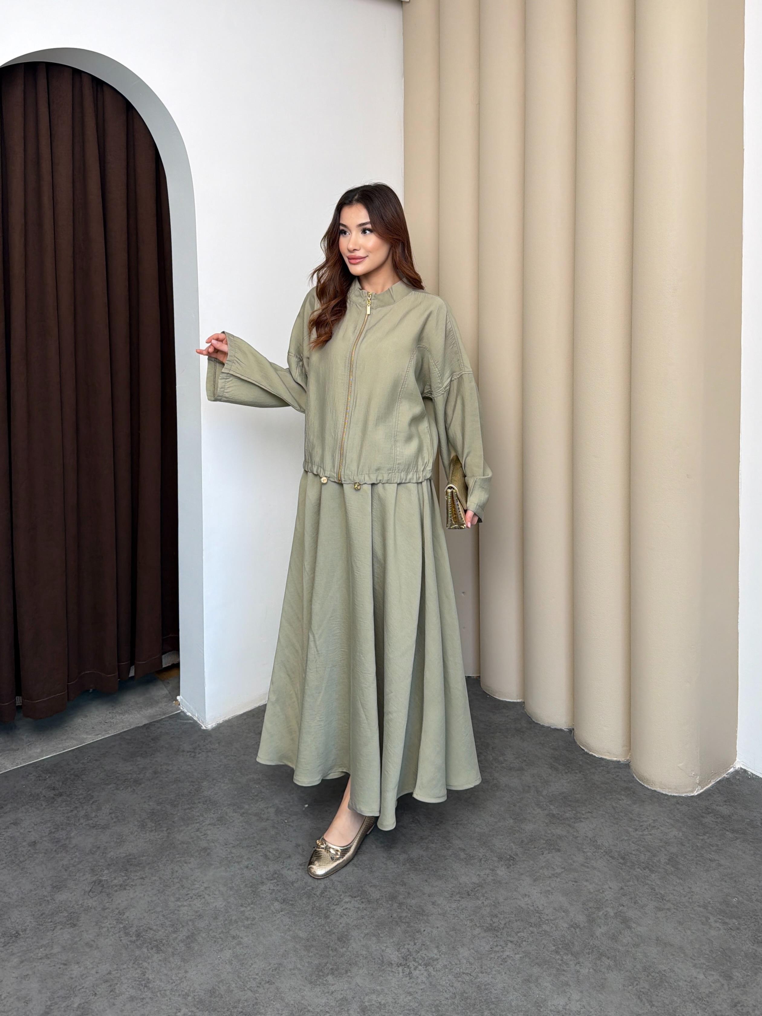 Açık Haki Kadın Premium Tencel Kumaş Etek Kemer Detaylı Akışkan Dokulu Ceket Etek Takım