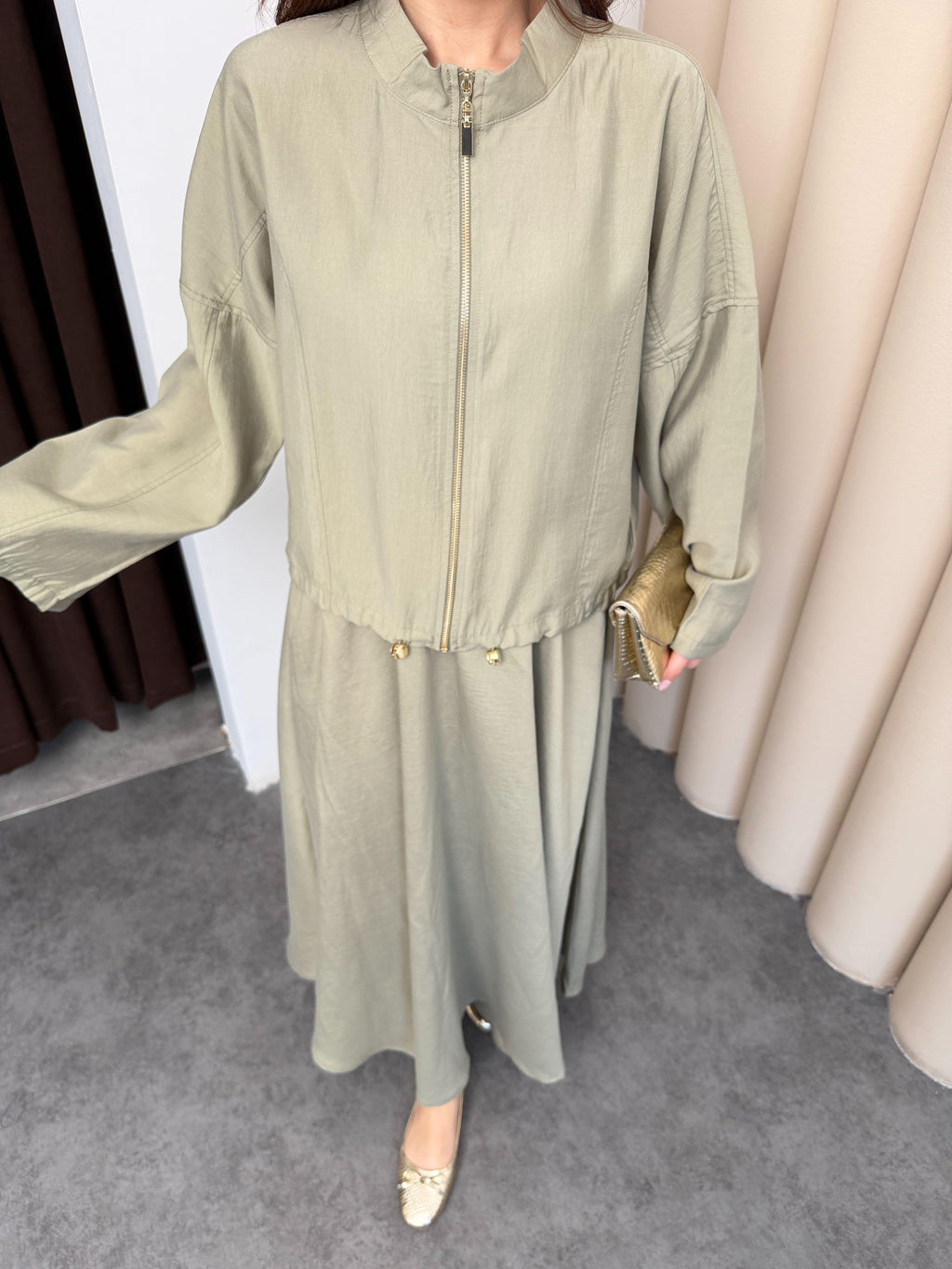 Açık Haki Kadın Premium Tencel Kumaş Etek Kemer Detaylı Akışkan Dokulu Ceket Etek Takım
