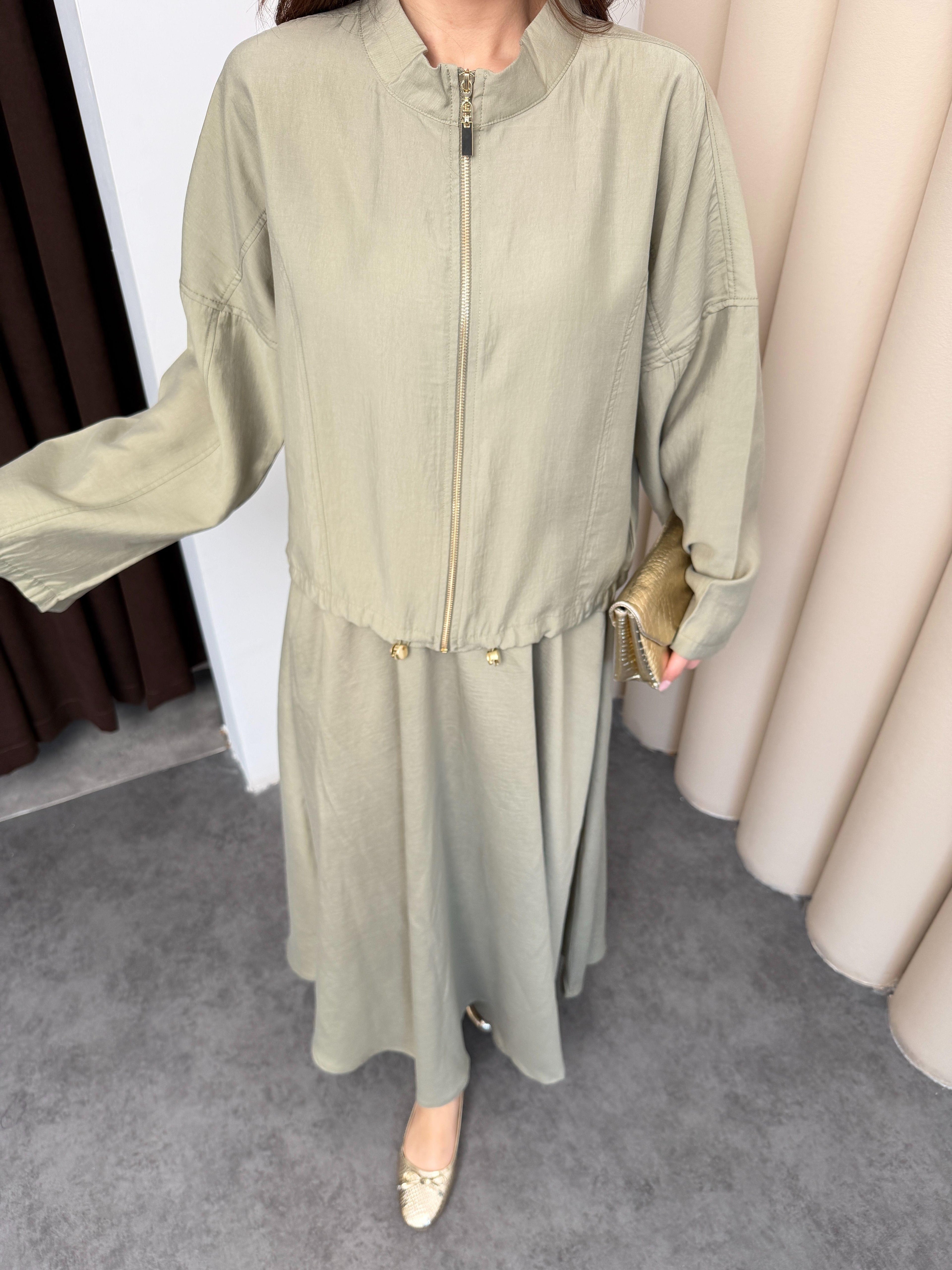 Açık Haki Kadın Premium Tencel Kumaş Etek Kemer Detaylı Akışkan Dokulu Ceket Etek Takım