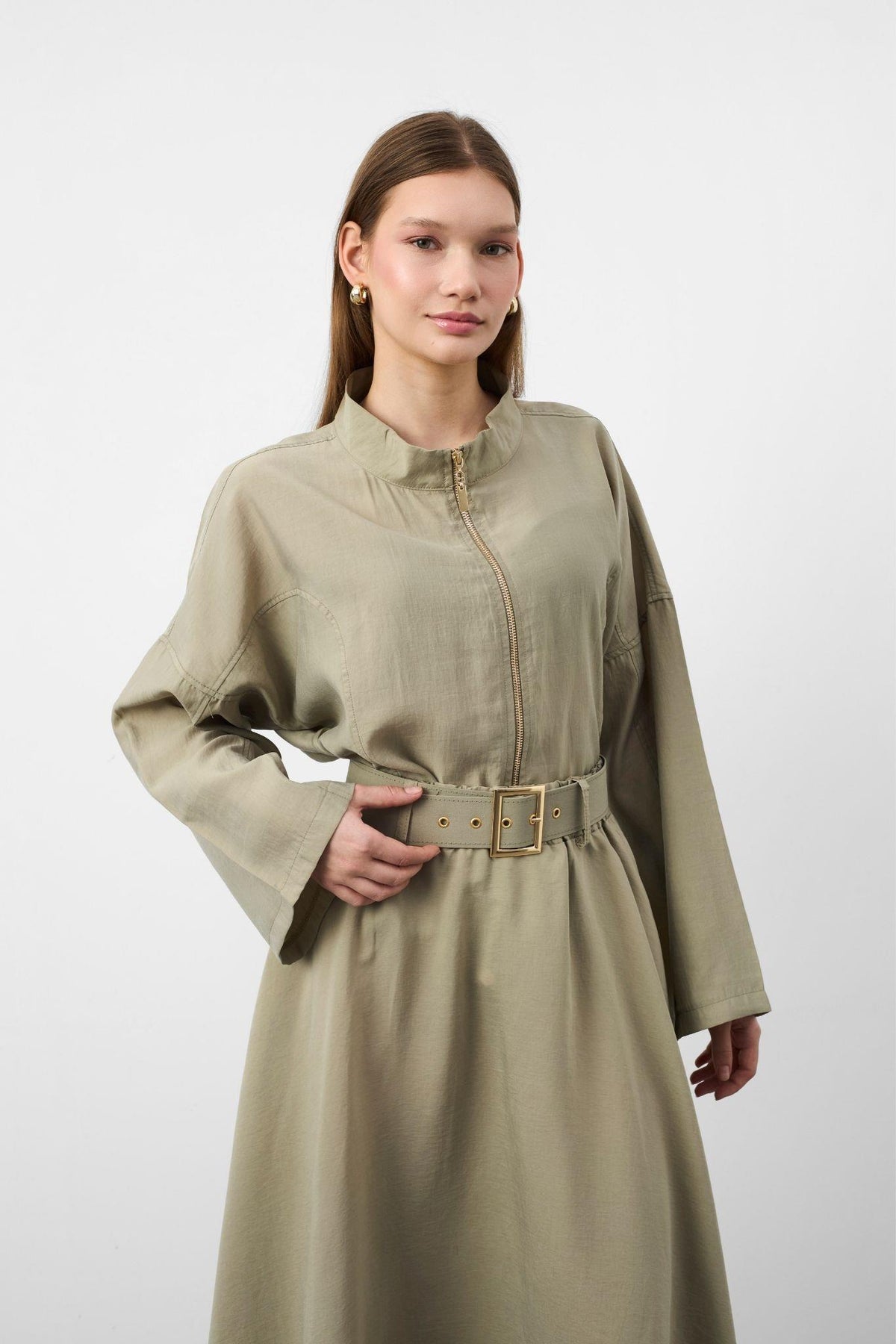 Açık Haki Kadın Premium Tencel Kumaş Etek Kemer Detaylı Akışkan Dokulu Ceket Etek Takım