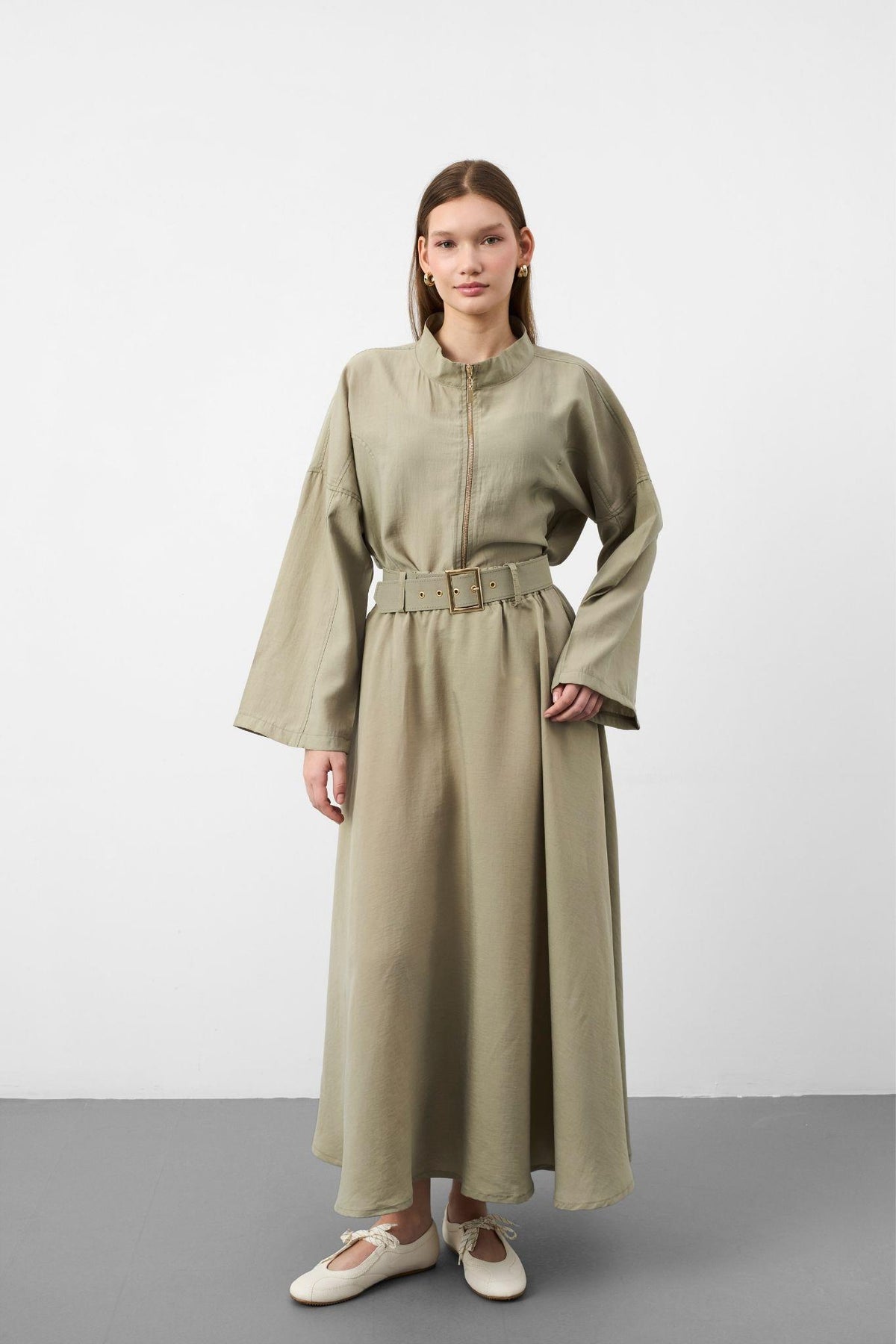 Açık Haki Kadın Premium Tencel Kumaş Etek Kemer Detaylı Akışkan Dokulu Ceket Etek Takım