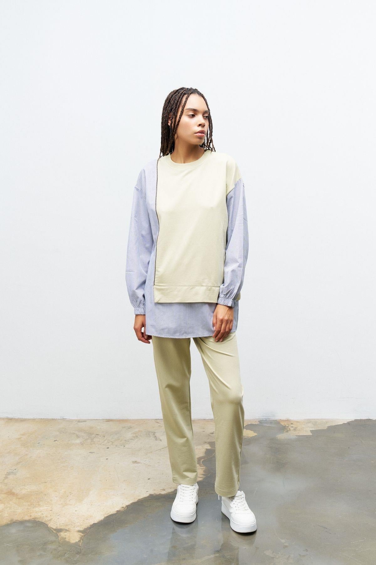 AÇIK HAKİ Kadın Üst Dokumalı Taş Şerit Detaylı Pamuklu Örme Alt Üst Takım