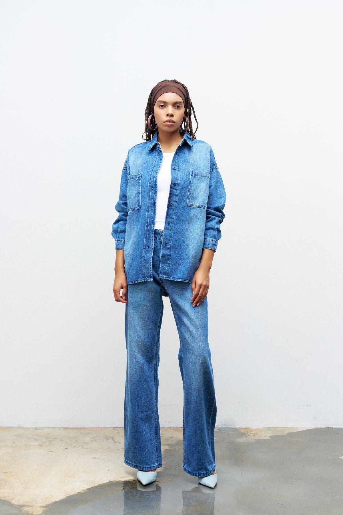 Açık Mavi %100 Cotton Gömlek Pantolon Takım