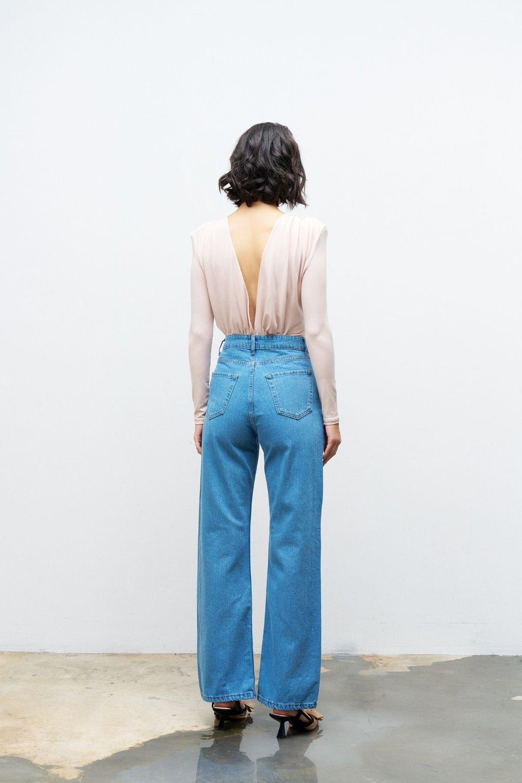 Açık mavi cep detayı incili bol paça %100 cotton denim pantolon