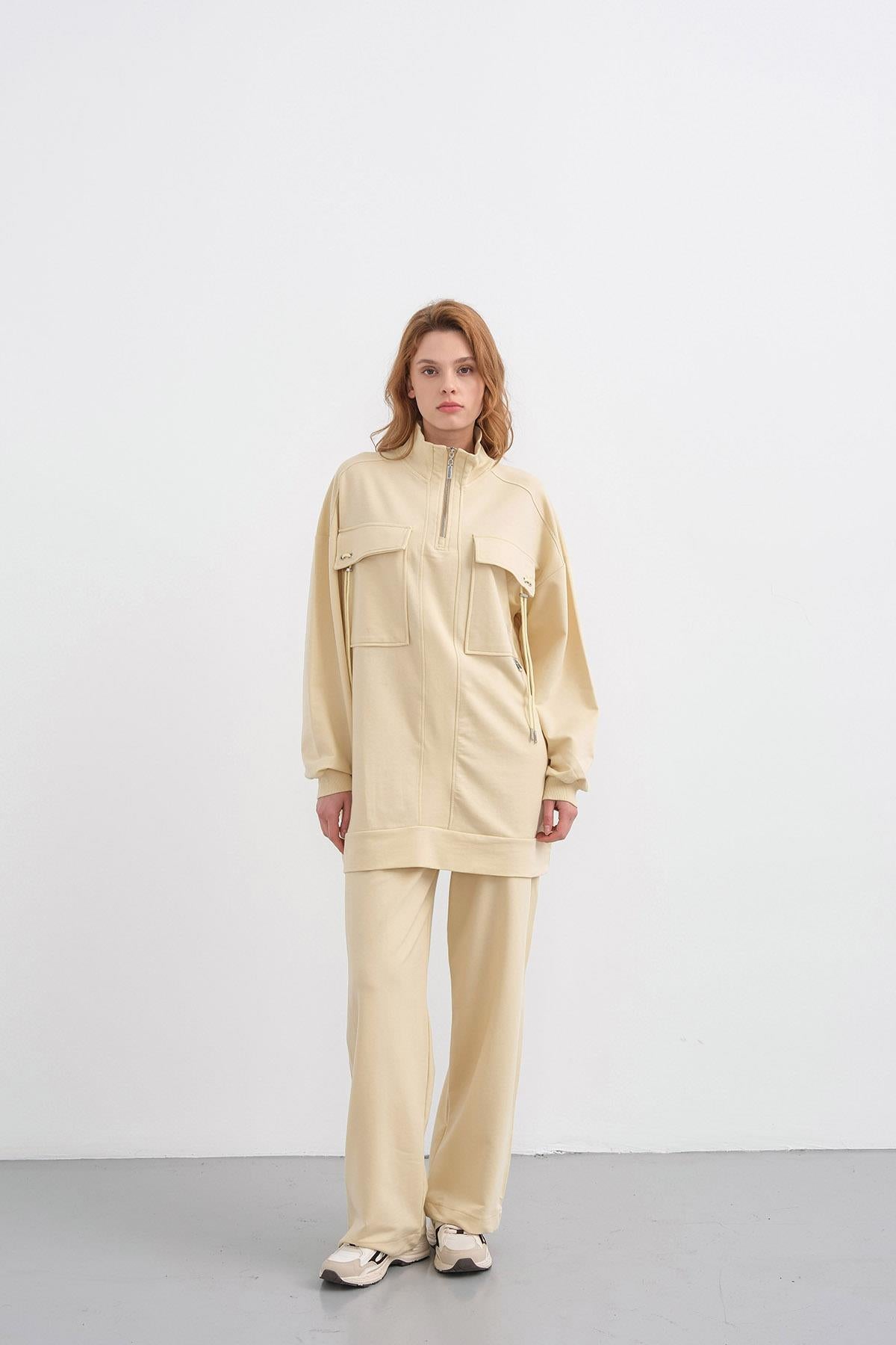 AÇIK SARI Kadın Dik Yaka Yarım Fermuarlı Cep Detaylı Bol Paça Örme Alt-Üst Takım