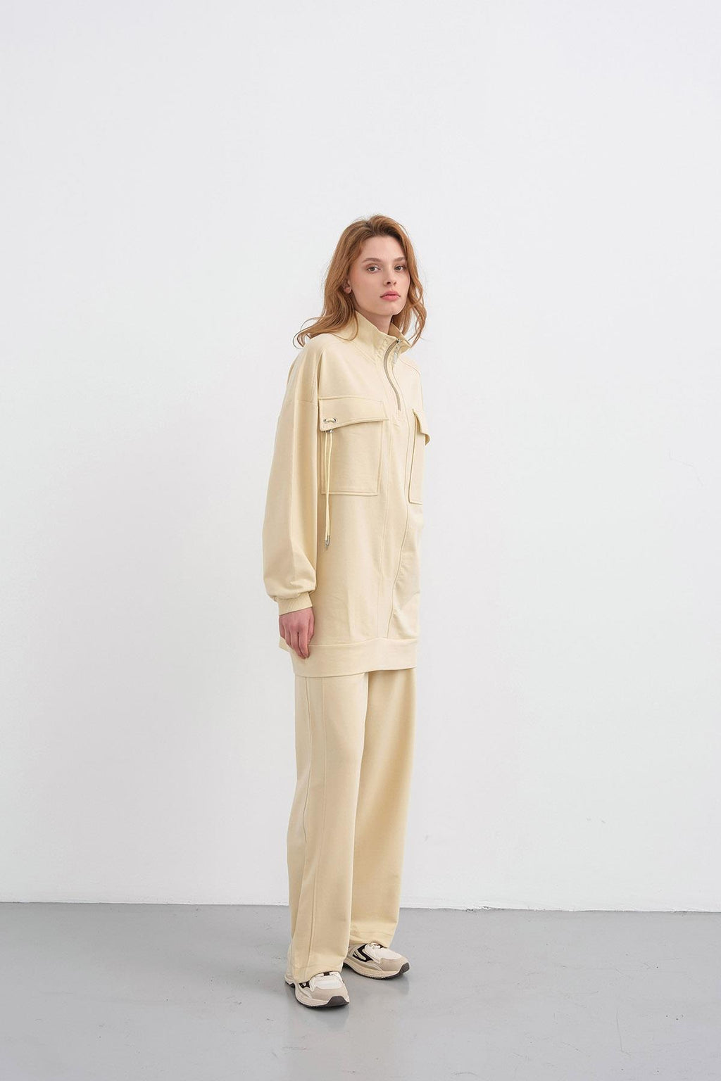 AÇIK SARI Kadın Dik Yaka Yarım Fermuarlı Cep Detaylı Bol Paça Örme Alt-Üst Takım