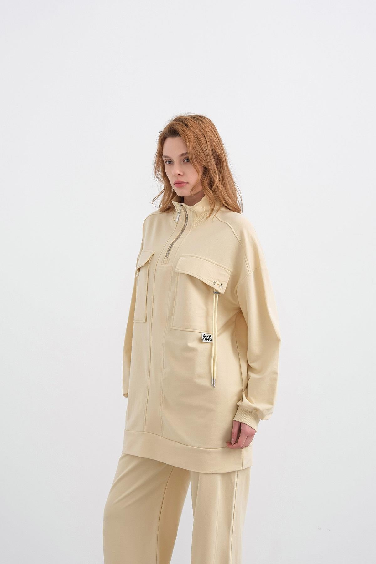 AÇIK SARI Kadın Dik Yaka Yarım Fermuarlı Cep Detaylı Bol Paça Örme Alt-Üst Takım