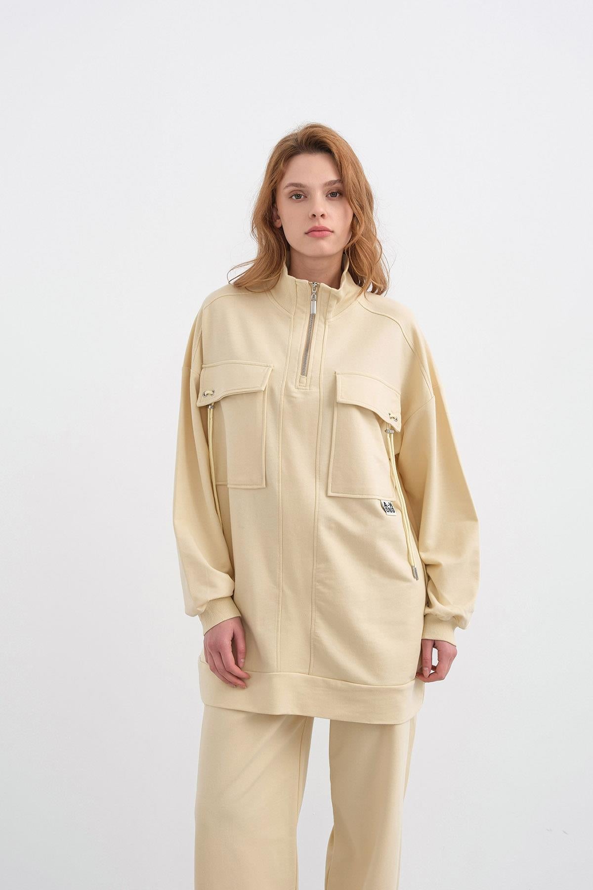 AÇIK SARI Kadın Dik Yaka Yarım Fermuarlı Cep Detaylı Bol Paça Örme Alt-Üst Takım