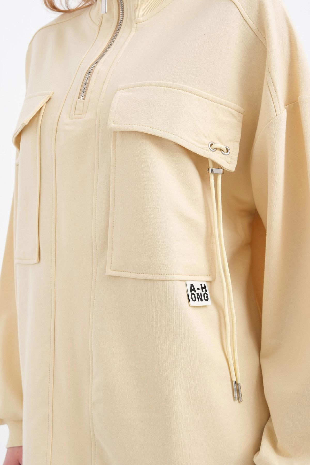 AÇIK SARI Kadın Dik Yaka Yarım Fermuarlı Cep Detaylı Bol Paça Örme Alt-Üst Takım