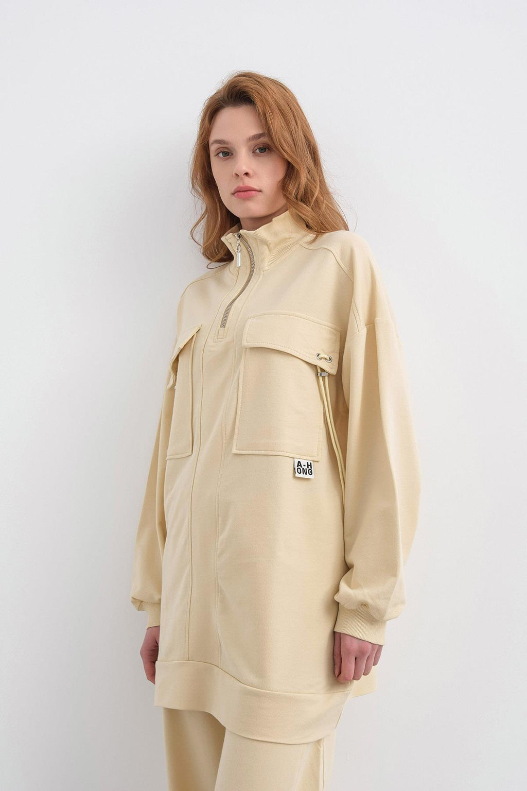 AÇIK SARI Kadın Dik Yaka Yarım Fermuarlı Cep Detaylı Bol Paça Örme Alt-Üst Takım