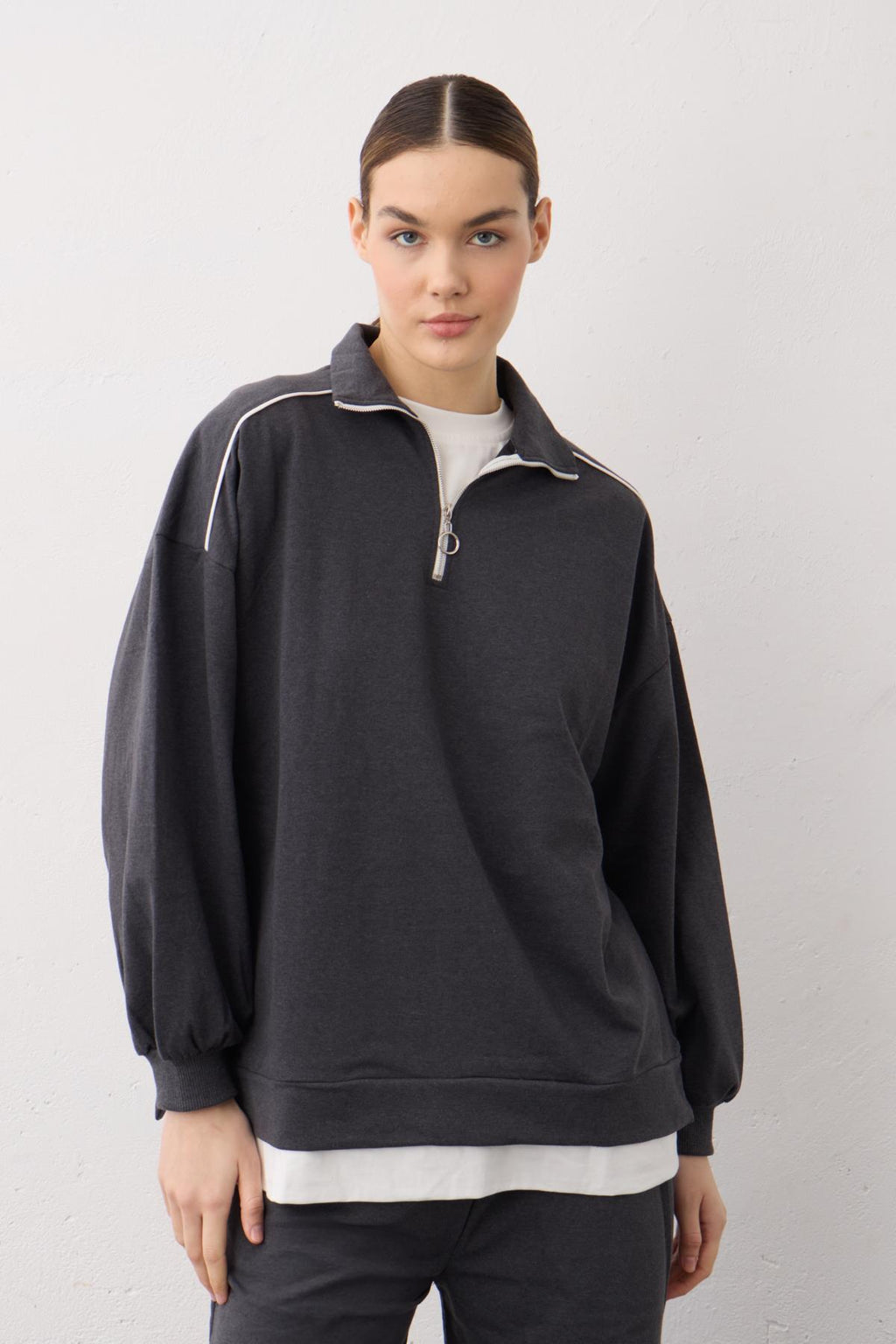 Antrasit Eteği Süprem Detaylı Fermuarlı Örme Pamuklu Alt Üst Takım