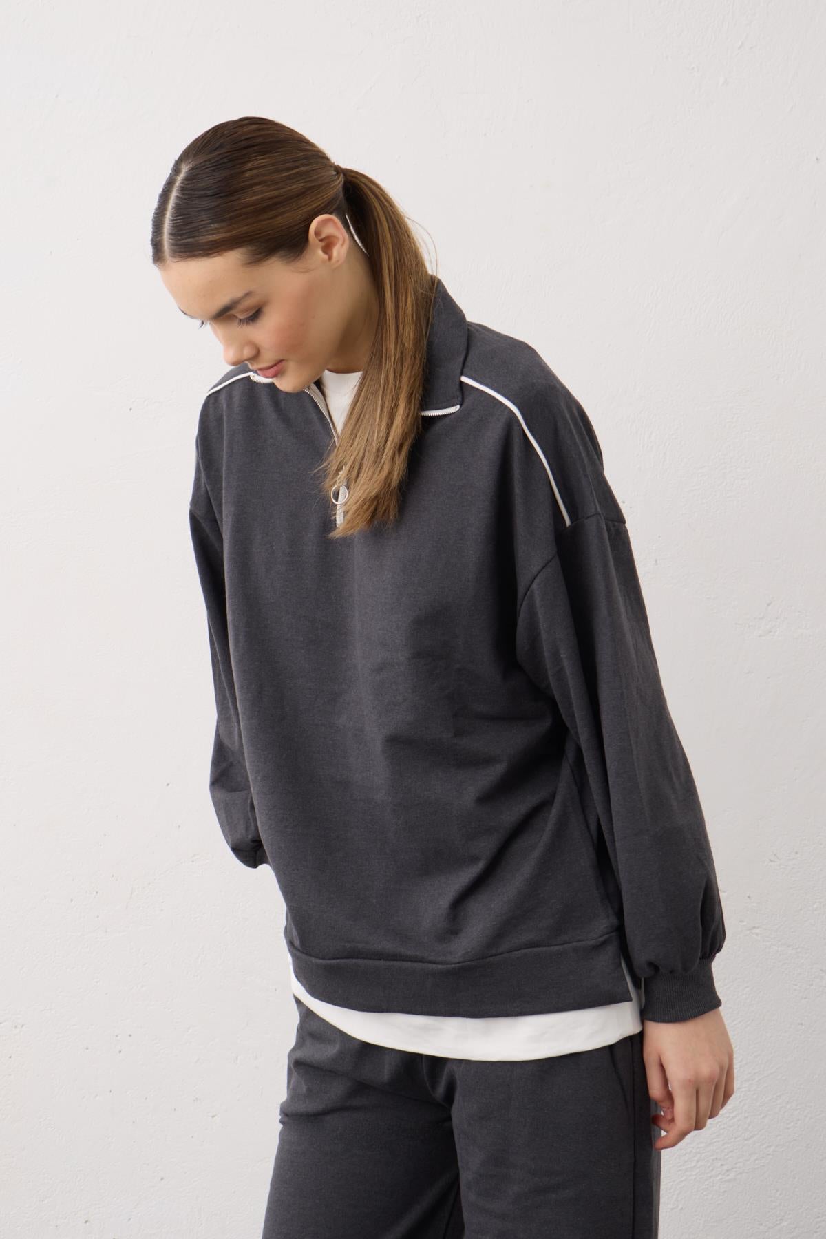 Antrasit Eteği Süprem Detaylı Fermuarlı Örme Pamuklu Alt Üst Takım