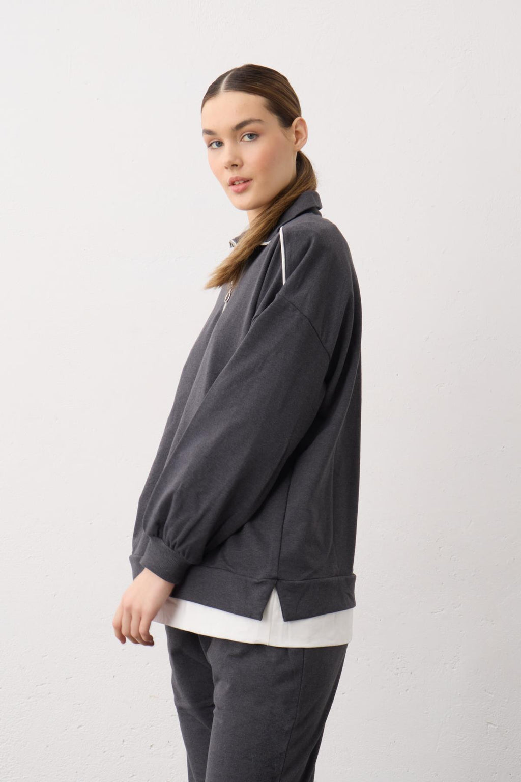 Antrasit Eteği Süprem Detaylı Fermuarlı Örme Pamuklu Alt Üst Takım