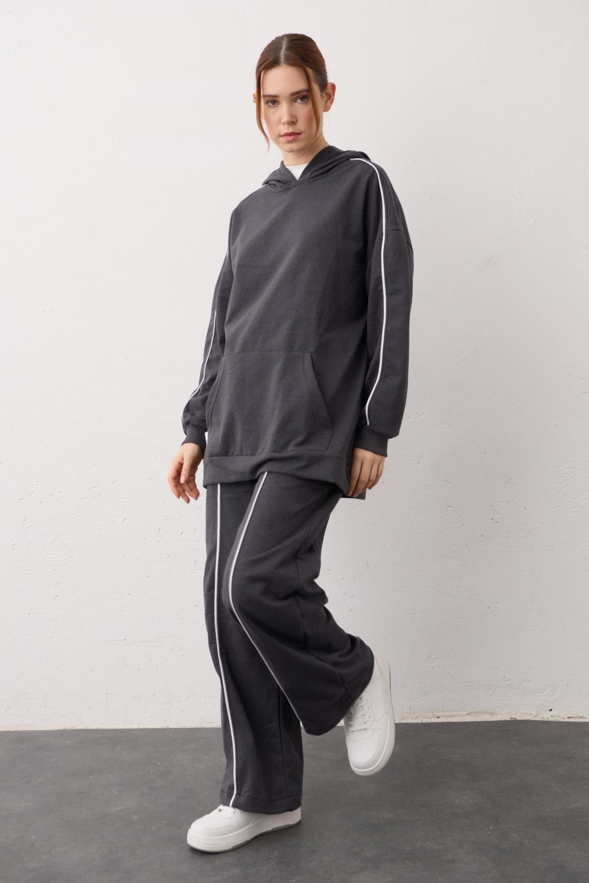 Antrasit Etiket Detaylı Kapüşonlu Kanguru Cepli Pamuklu Örme Alt Üst Takım
