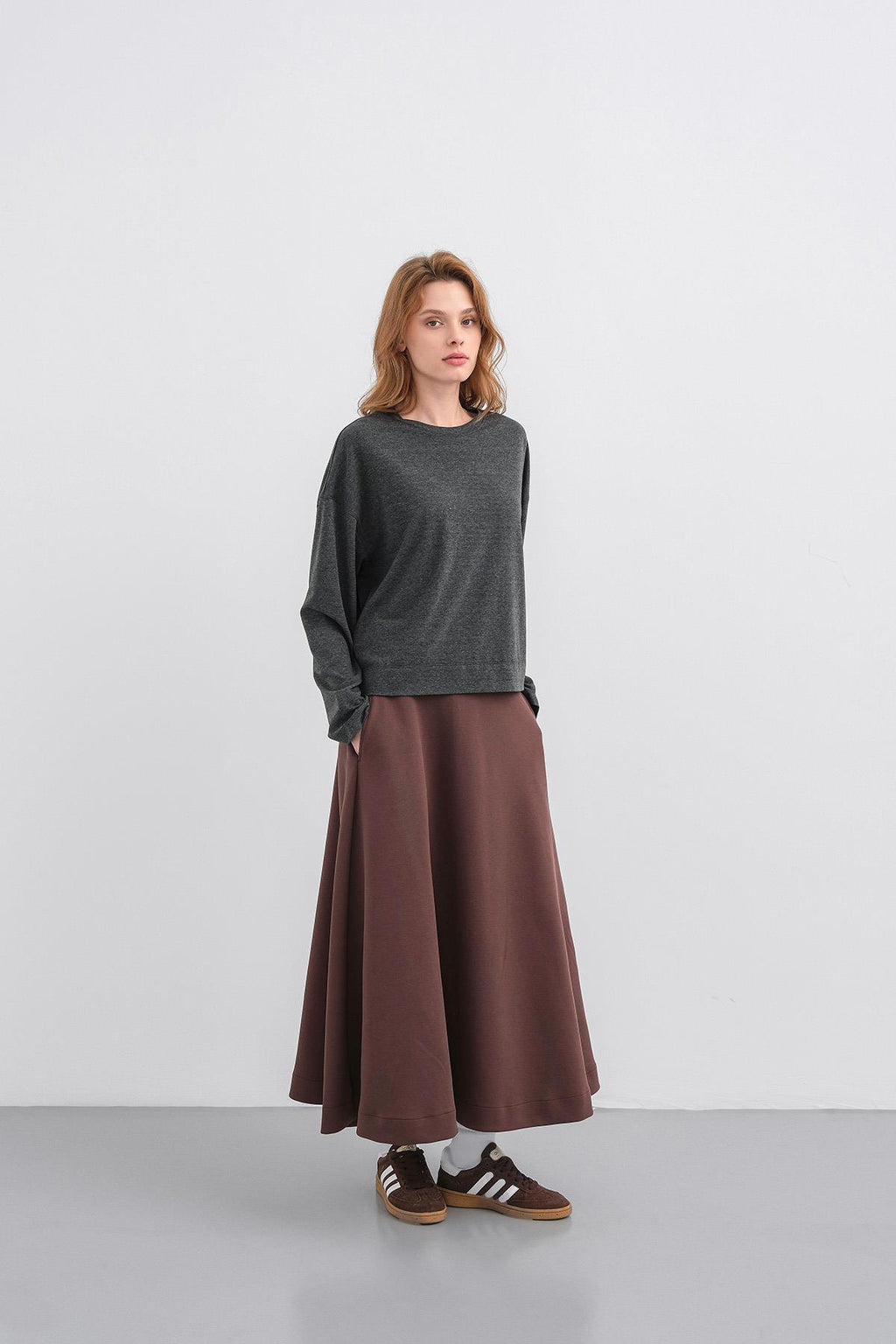 Antrasit Kadın Bisiklet Yaka Etek Yırtmaçlı %100 Pamuk Oversize Basic Sweatshirt