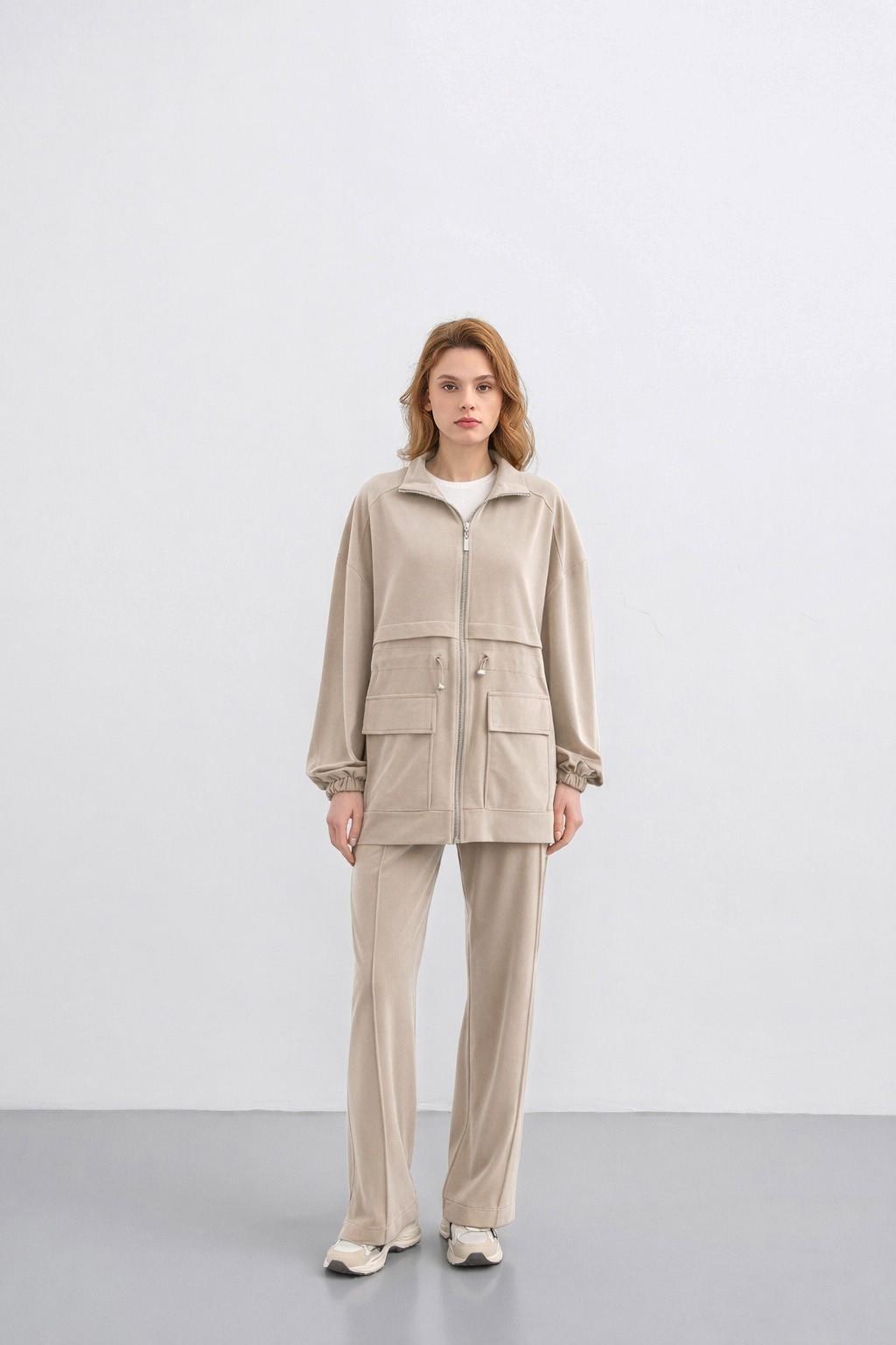 BEJ Kadın Bel Lastik Detaylı Cepli Fermuar Kapamalı Oversize Modal Alt Üst Takım