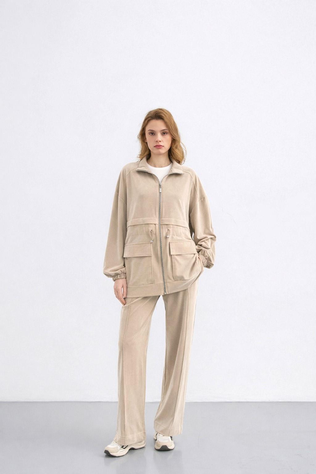 BEJ Kadın Bel Lastik Detaylı Cepli Fermuar Kapamalı Oversize Modal Alt Üst Takım