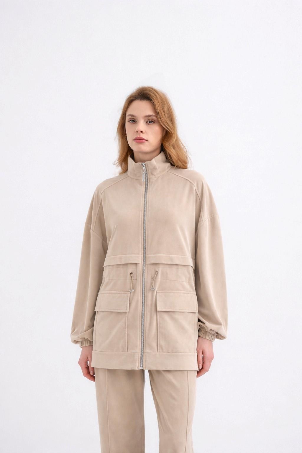 BEJ Kadın Bel Lastik Detaylı Cepli Fermuar Kapamalı Oversize Modal Alt Üst Takım