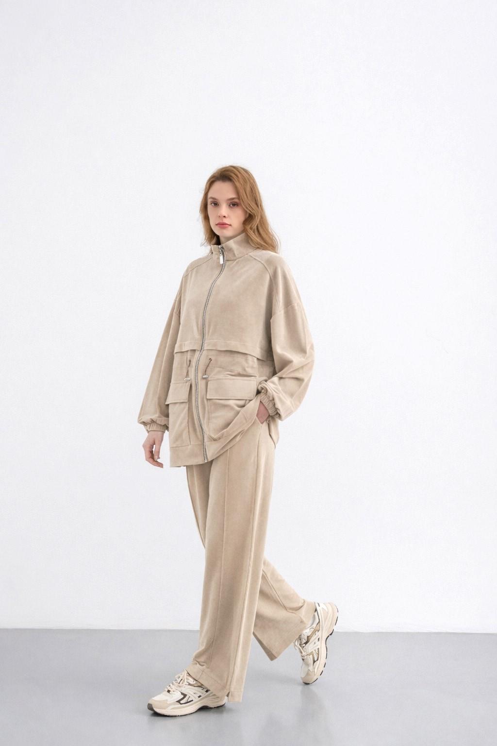 BEJ Kadın Bel Lastik Detaylı Cepli Fermuar Kapamalı Oversize Modal Alt Üst Takım