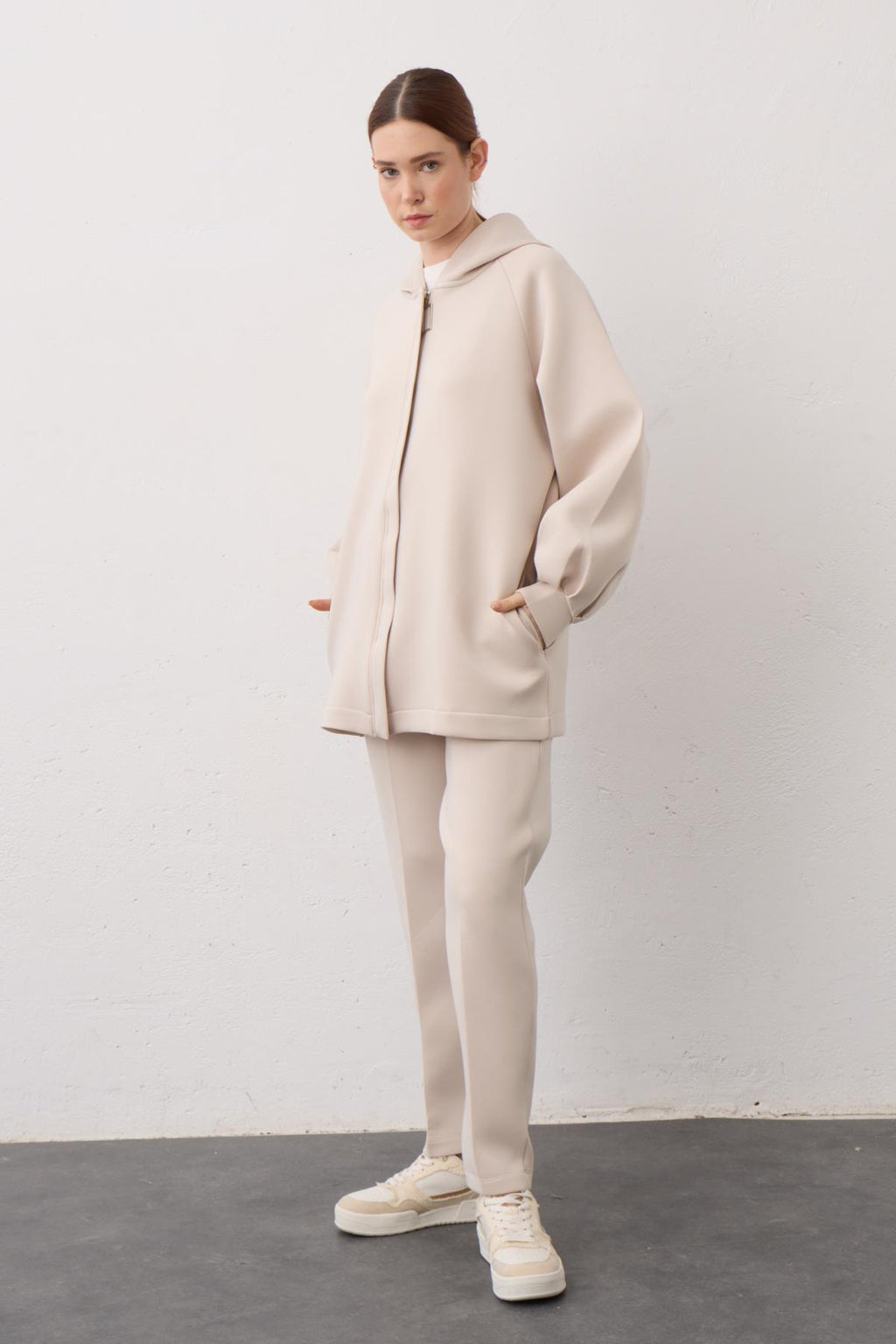 BEJ Kapüşonlu Fermuarlı Scuba Alt Üst Takım