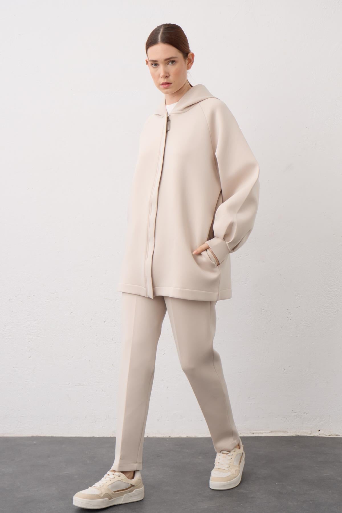 BEJ Kapüşonlu Fermuarlı Scuba Alt Üst Takım